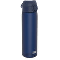 ION8 Recyclon leak-proof slim navy water bottle, 500ml (18oz), made of recyclable material, featuring a sleek design and secure lid.