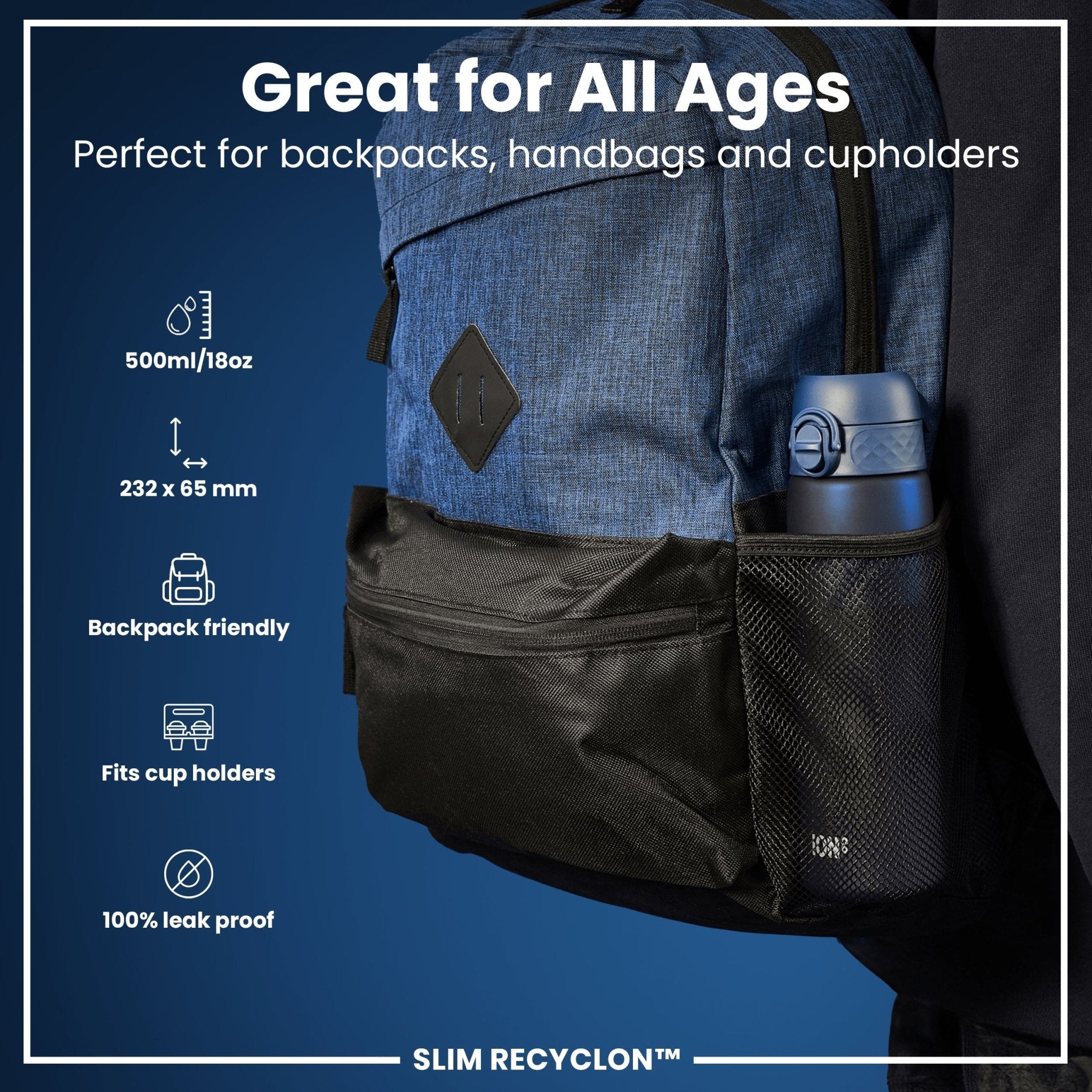 Recyclon Leak Proof Slim Water Bottle by ION8 in navy, 500ml (18oz), with a sleek design and secure lid.