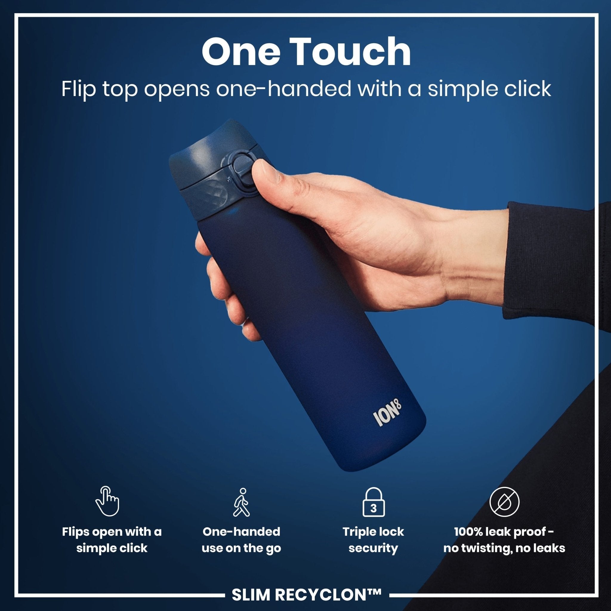 Ion8 Leak Proof Slim Water Bottle in navy, 500ml (18oz), Recyclon brand, showing sleek design and secure lid.