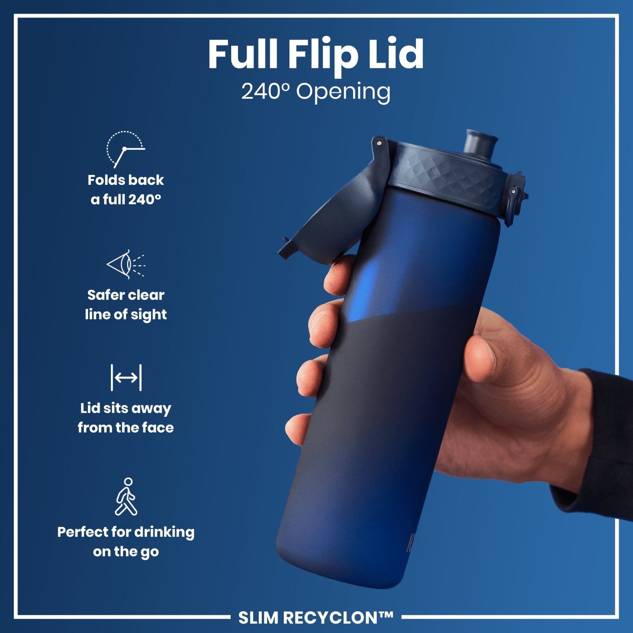 ION8 Recyclon leak-proof slim water bottle in navy, 500ml (18oz), with a sleek design and secure lid.