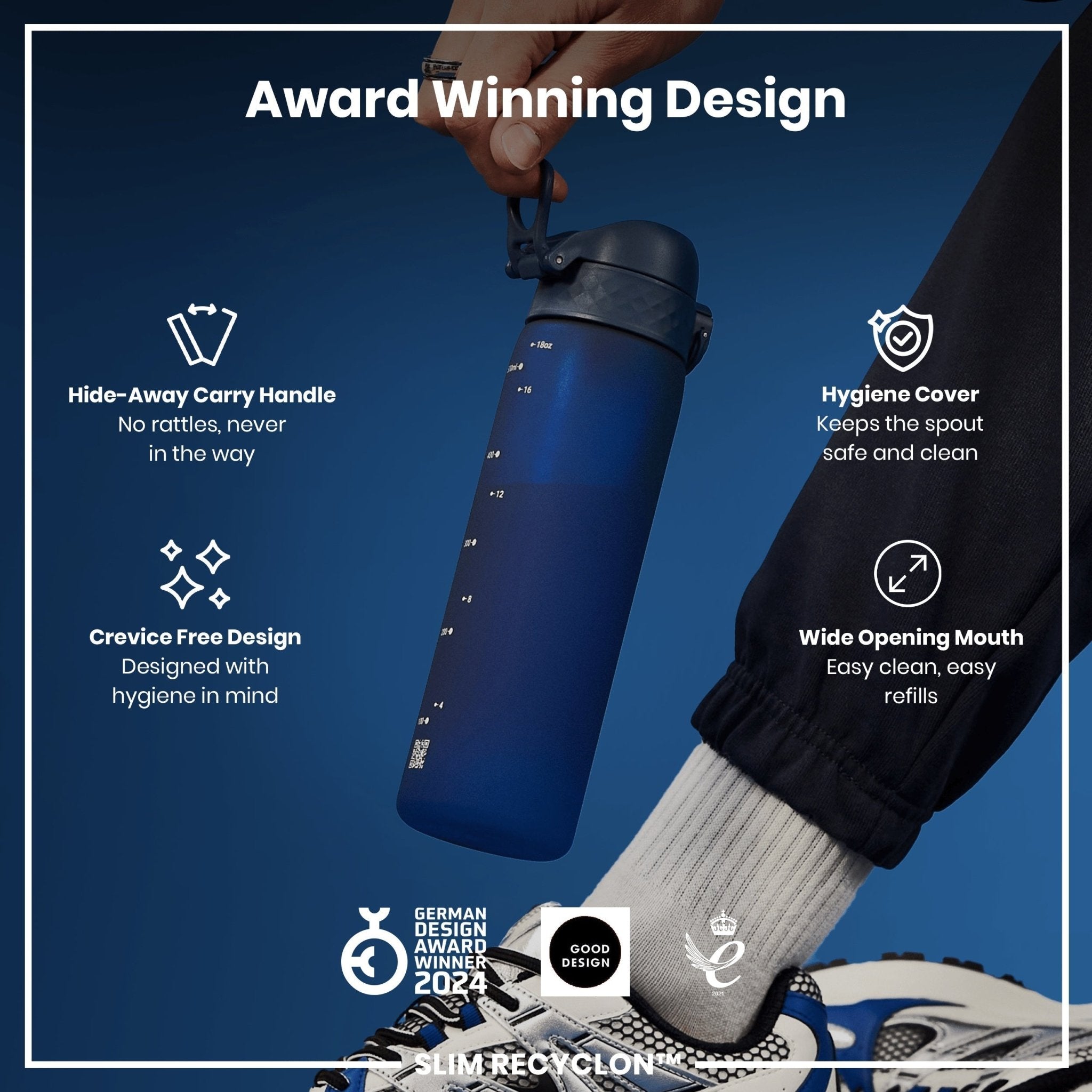 Recyclon ION8 navy 500ml leak-proof slim water bottle with secure cap and sleek design for on-the-go hydration.