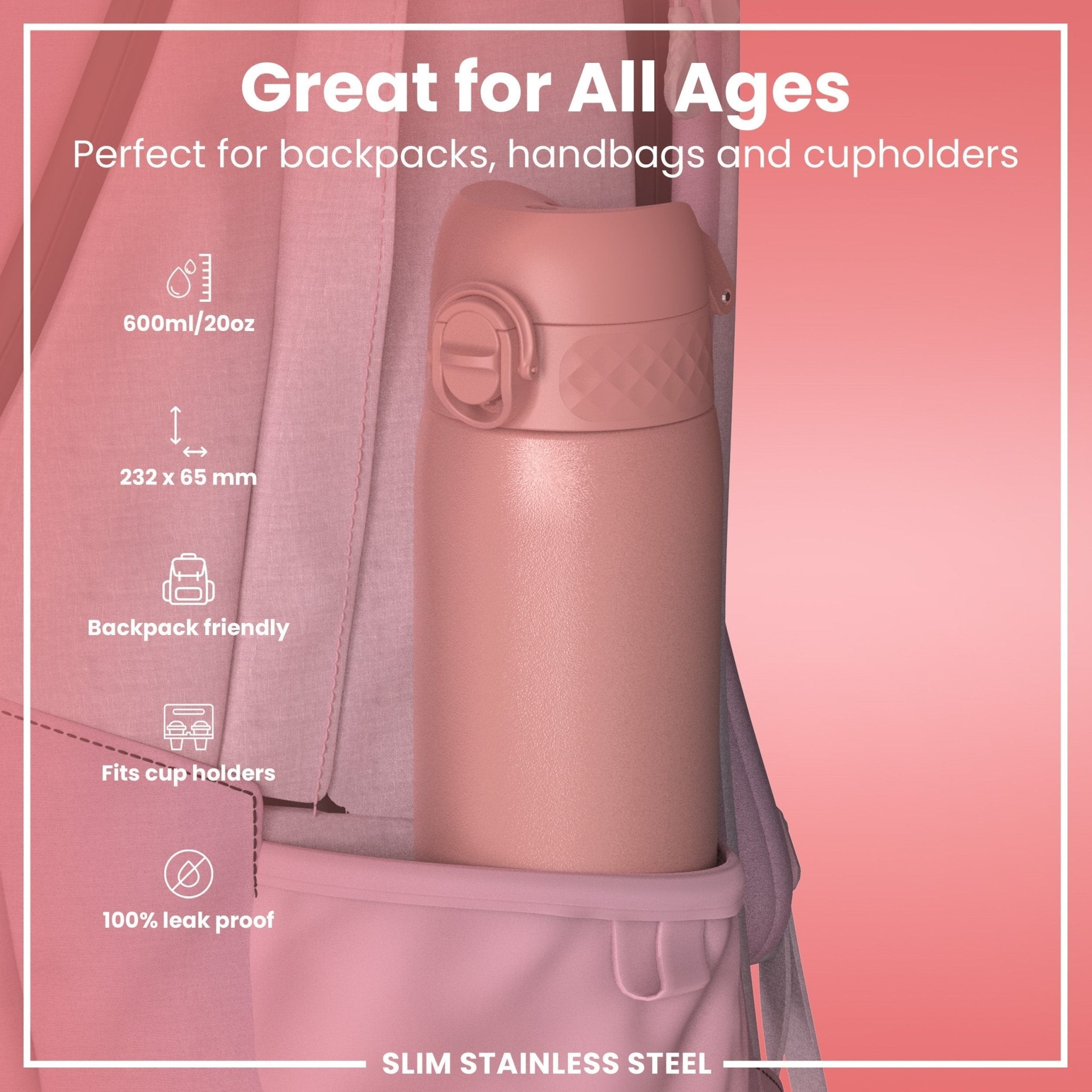 Ion8 leak-proof slim stainless steel water bottle in ash rose, 600ml (20oz), with a sleek design and secure lid.