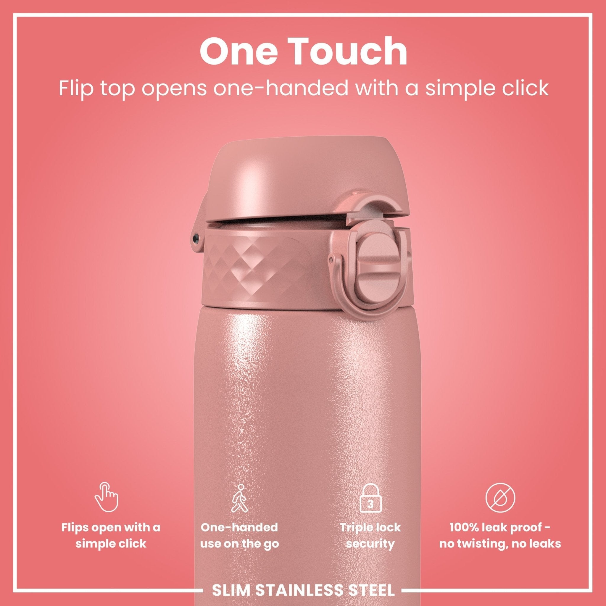 Ion8 leak-proof slim stainless steel water bottle in ash rose, 600ml (20oz), showcasing its sleek design and durable construction.