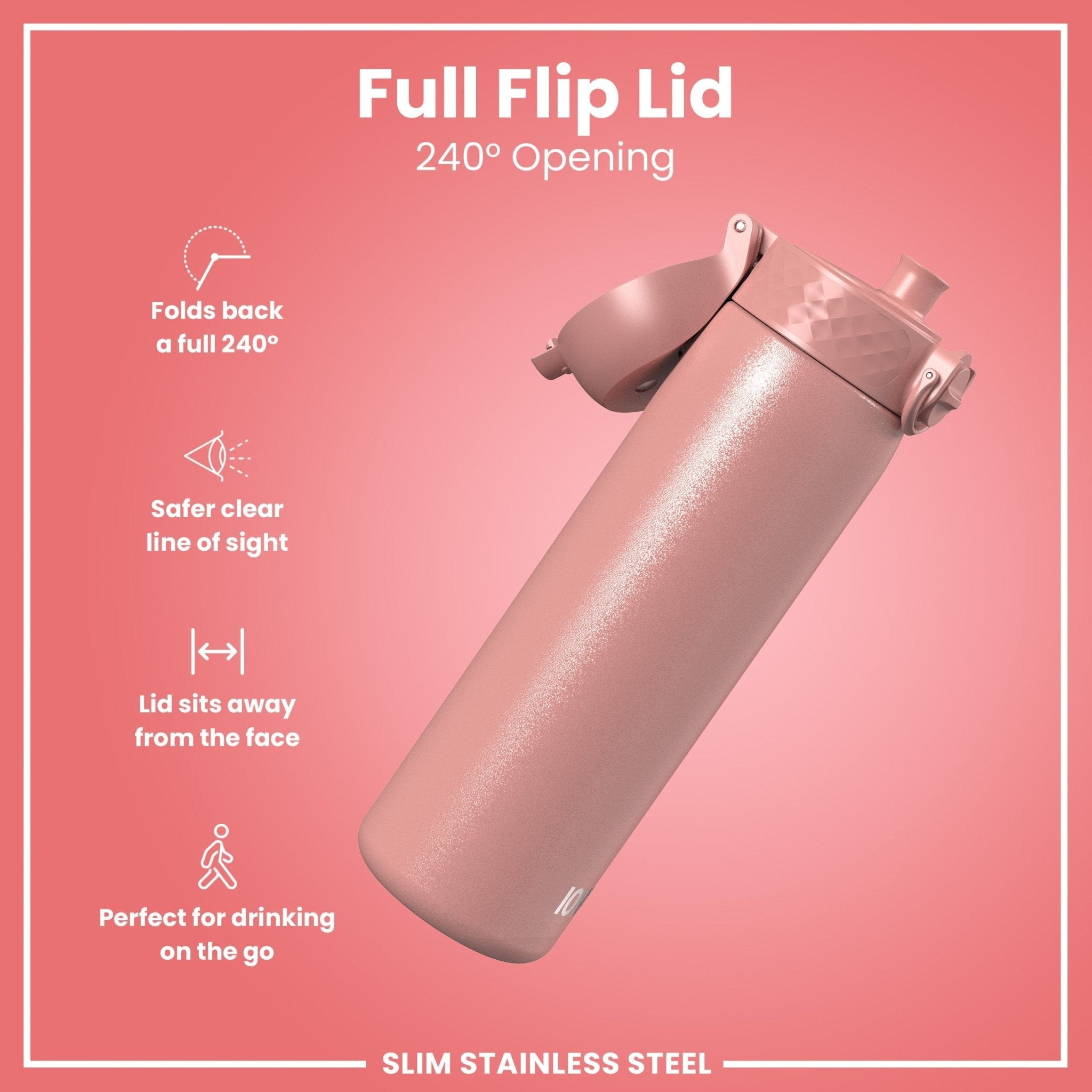ION8 leak-proof slim stainless steel water bottle in ash rose, 600ml (20oz), showcasing its sleek design and durable construction.