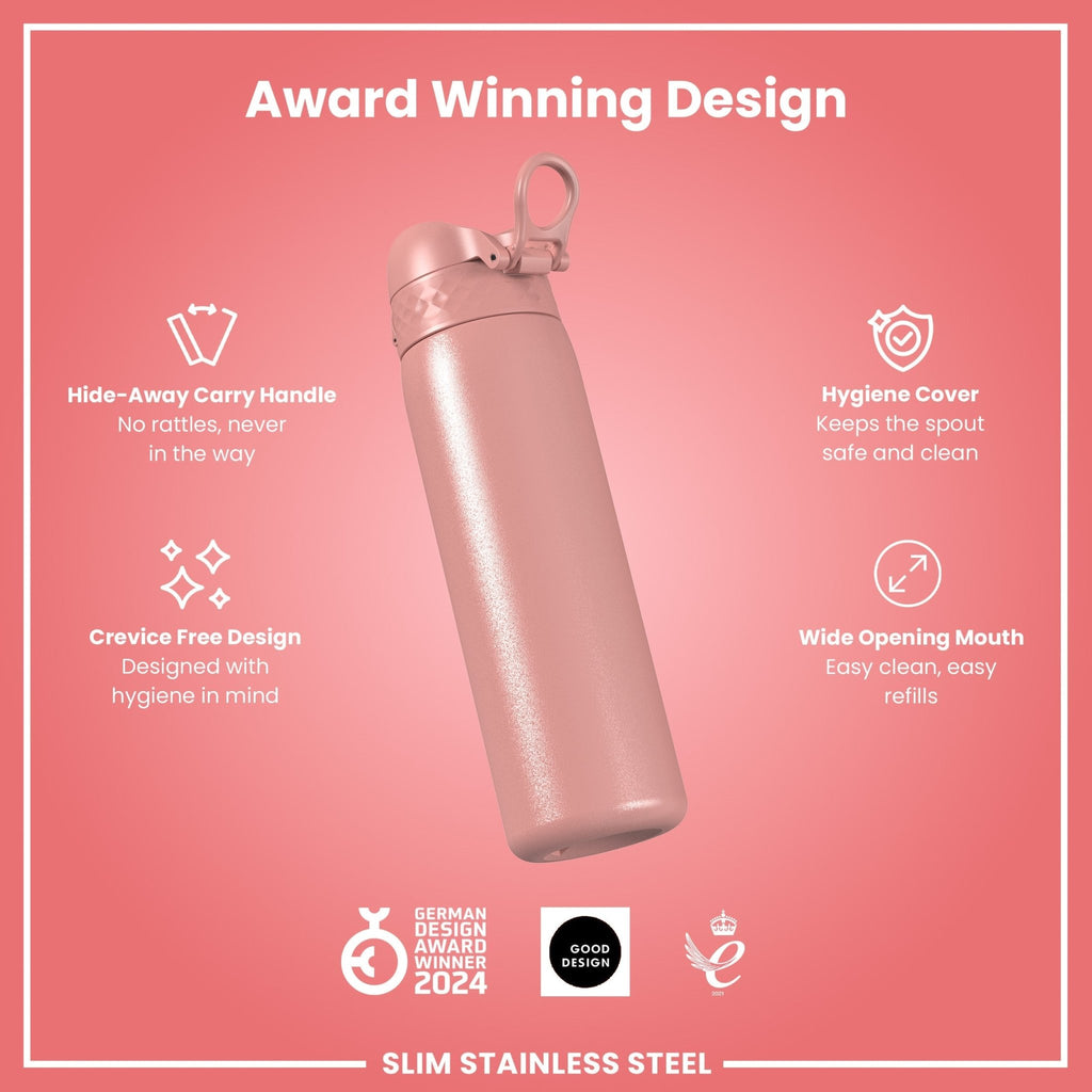 Ion8 leak-proof slim stainless steel water bottle in ash rose, 600ml (20oz), with a sleek design and secure lid.