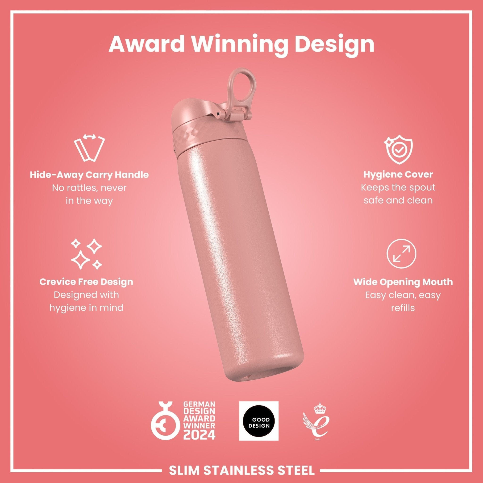 Ion8 leak-proof slim stainless steel water bottle in ash rose, 600ml (20oz), with a sleek design and secure lid.