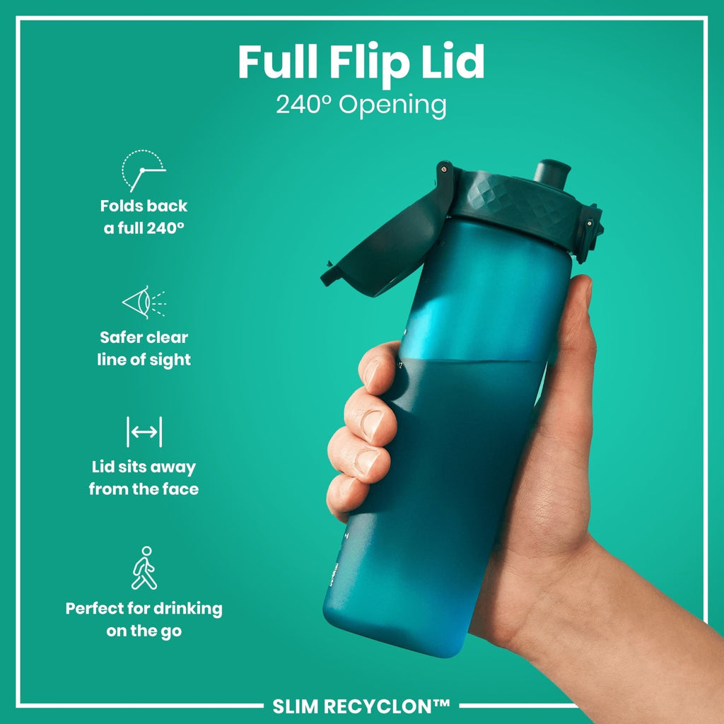 Ion8 leak-proof slim water bottle in aqua, 500ml, made by Recyclon, featuring a sleek design and secure lid.