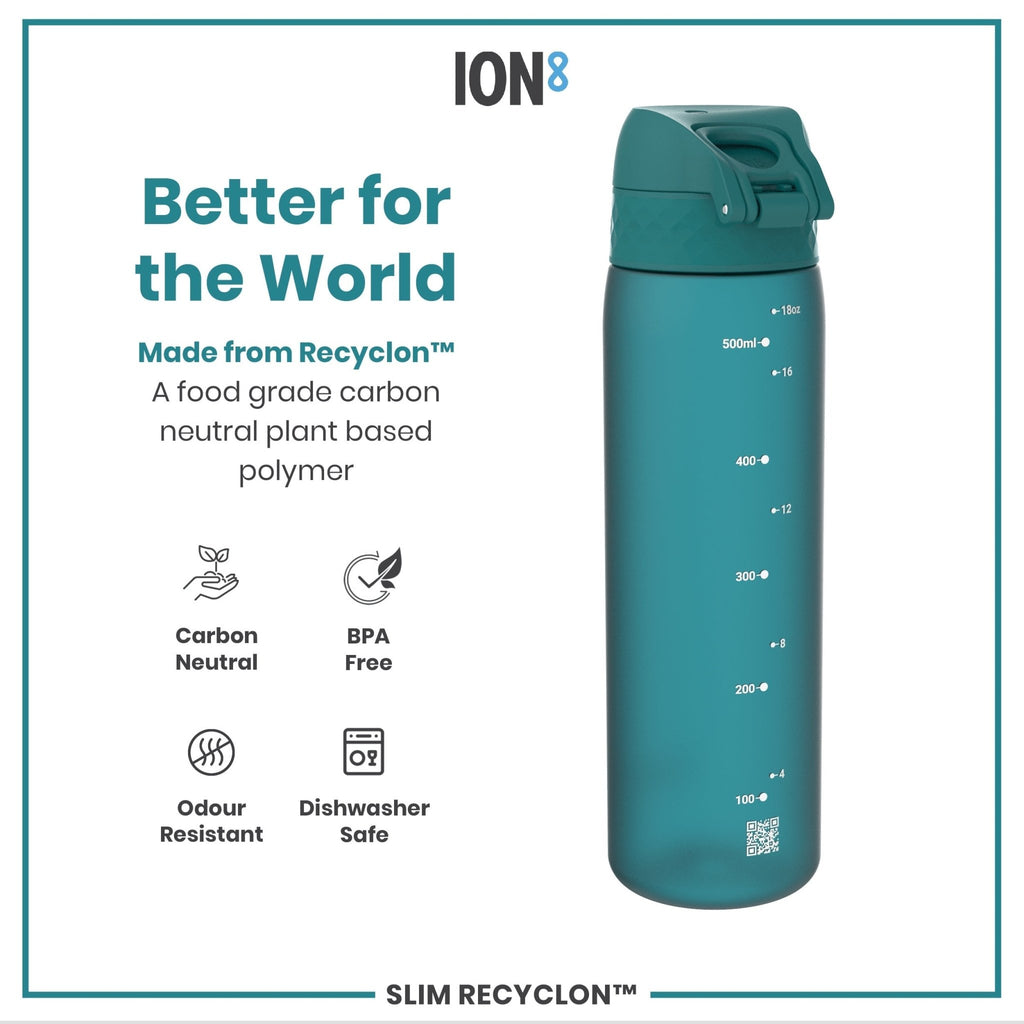 ION8 Recyclon Leak Proof Slim Water Bottle in aqua, 500ml (18oz), with a sleek design and secure lid for on-the-go hydration.