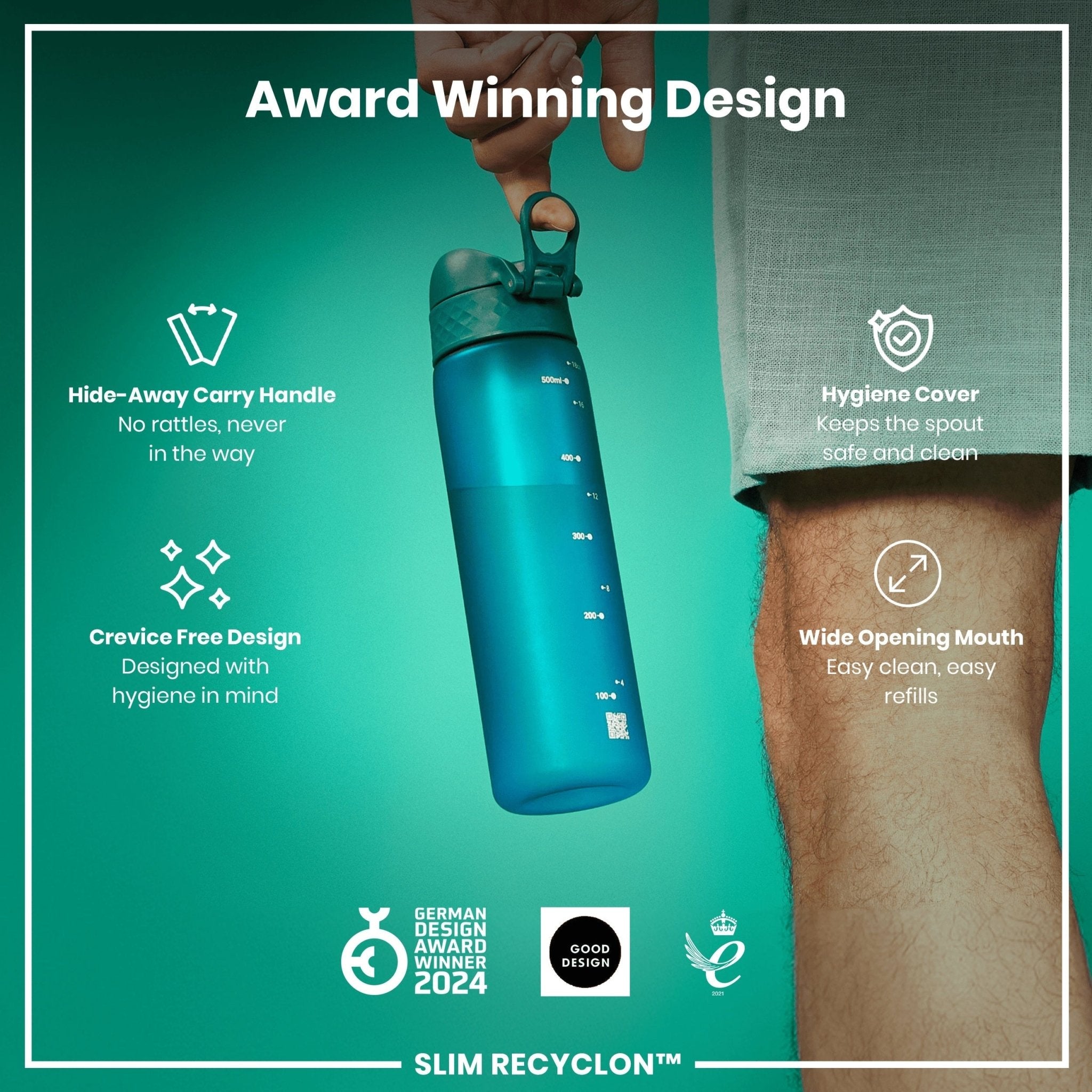 Ion8 Recyclon leak-proof slim water bottle, 500ml aqua color, durable reusable water bottle with secure lid.