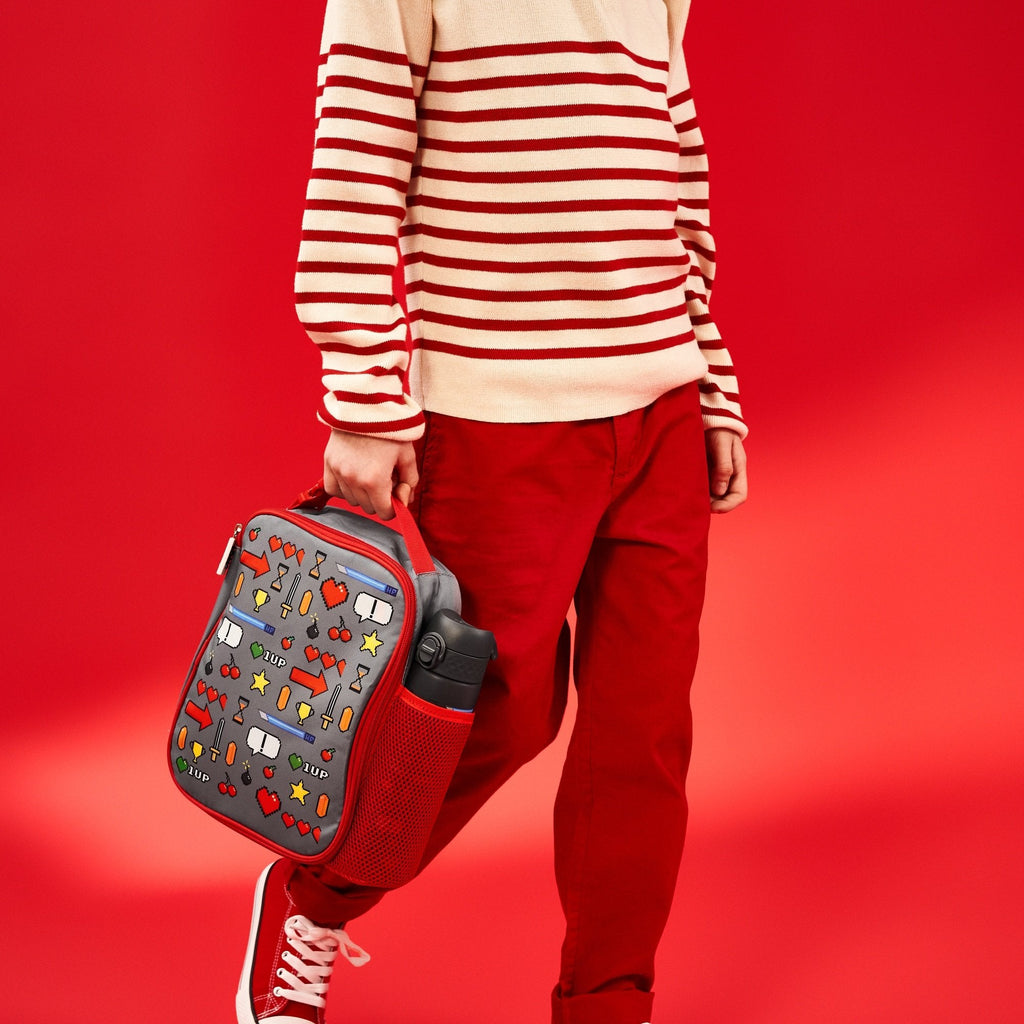 Kids insulated gamer lunch bag by ION8, medium size with colorful gaming-themed design and padded handle for easy carrying.