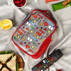 Kids insulated lunch bag by ION8 featuring a colorful gamer design, medium size with insulated interior for snacks and drinks.