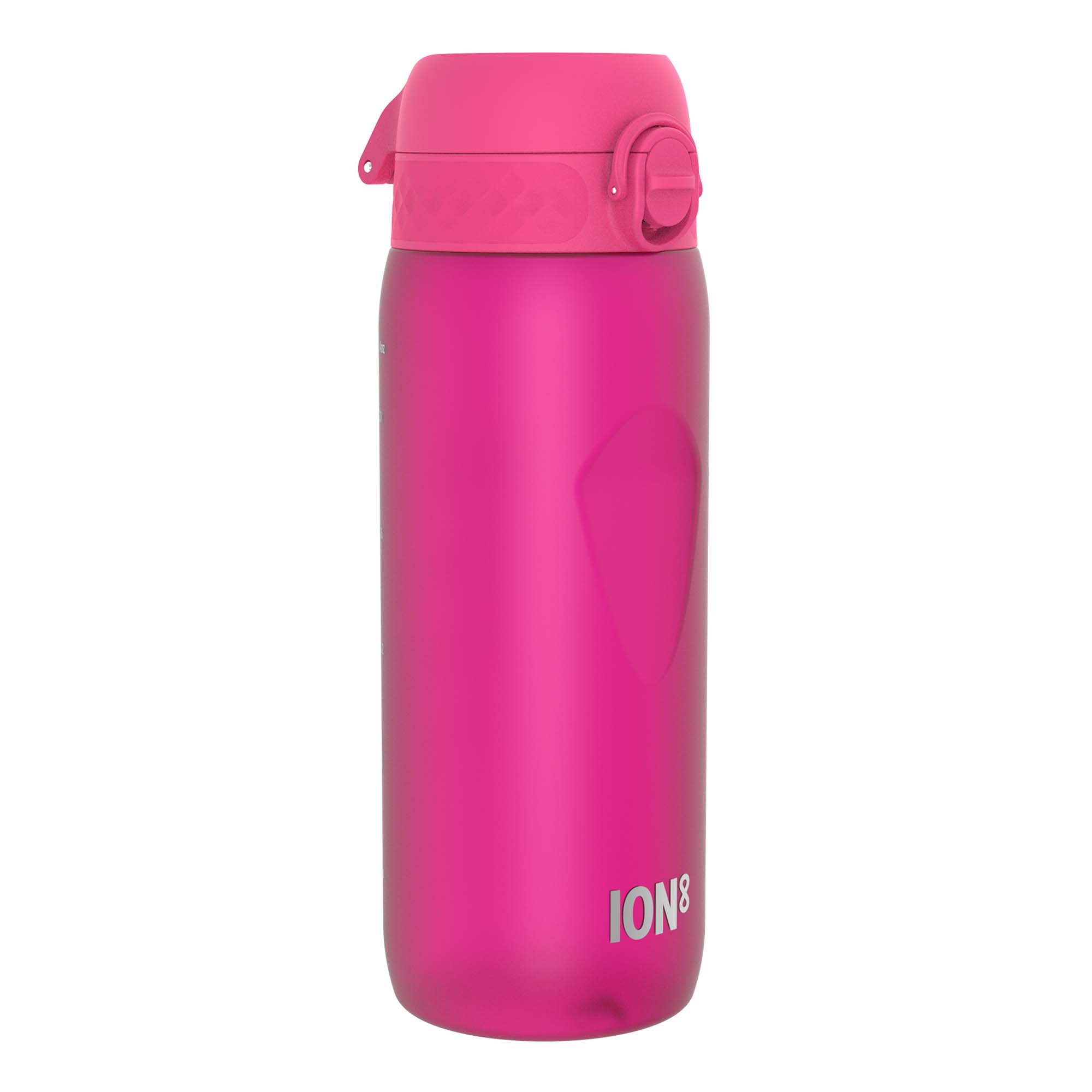 ION8 Recyclon pink 750ml water bottle with a sleek design and screw cap, made from recyclable materials.