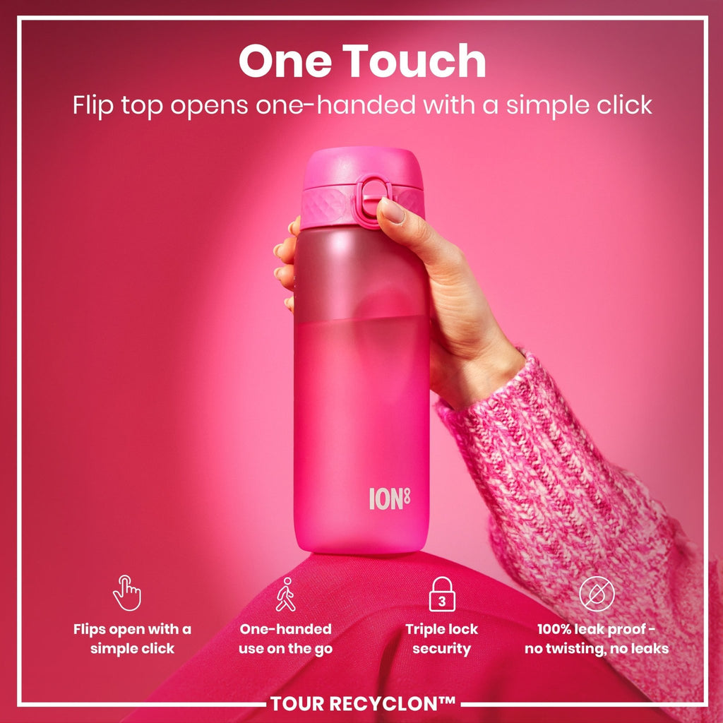 Pink 750ml Recyclon water bottle by ION8 with a sleek design and secure lid, ideal for hydration on the go.