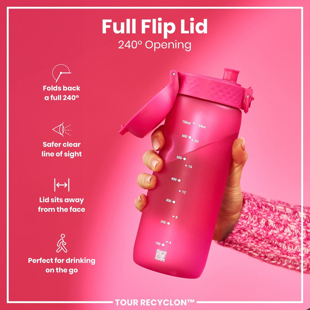 Pink Recyclon water bottle by ION8, 750ml, featuring a sleek design and secure cap for on-the-go hydration.