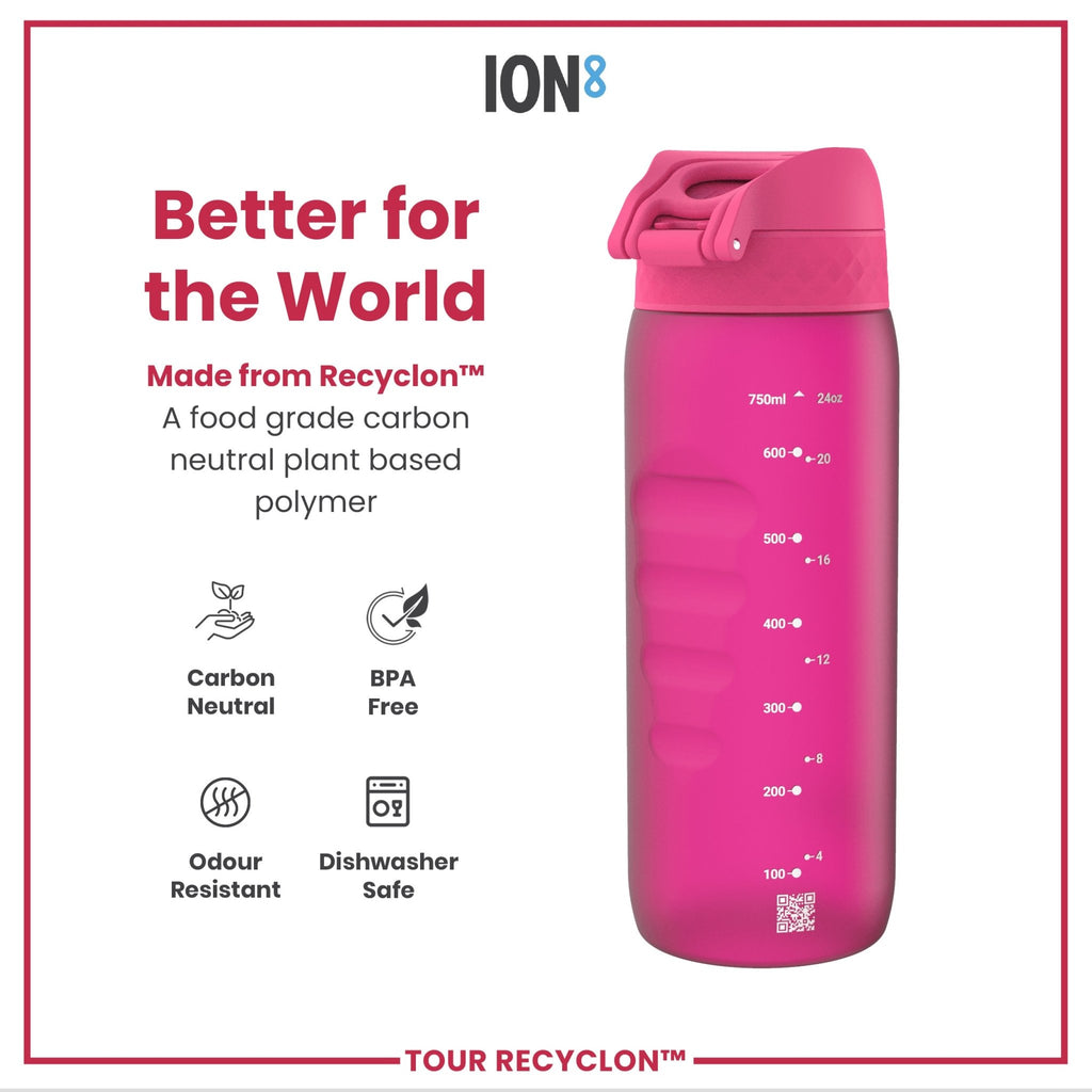 Pink 750ml Recyclon water bottle by ION8 with a sleek design and secure lid on a white background.