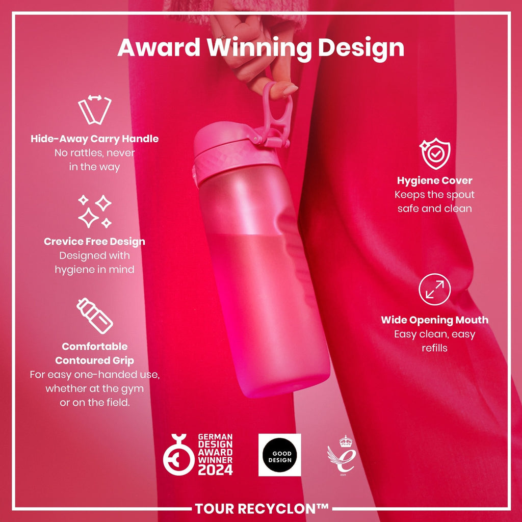 Pink Recyclon water bottle by ION8, 750ml, with a sleek design and secure lid, suitable for hydration on the go.