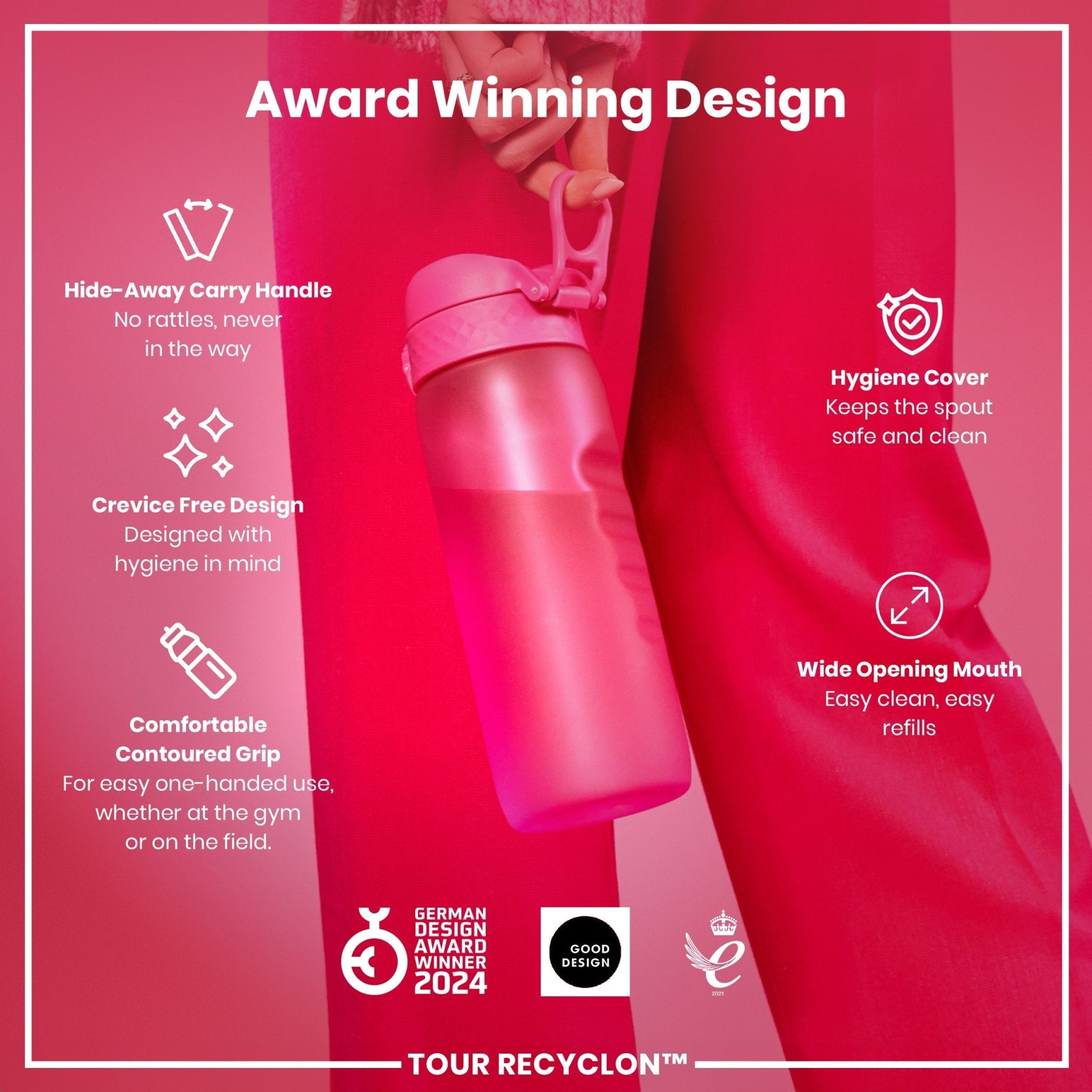 Pink Recyclon water bottle by ION8, 750ml, with a sleek design and secure lid, suitable for hydration on the go.