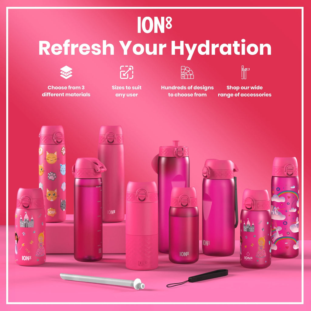 Pink 750ml Recyclon water bottle by ION8, made of recyclable materials, with a sleek design and secure screw-on cap.