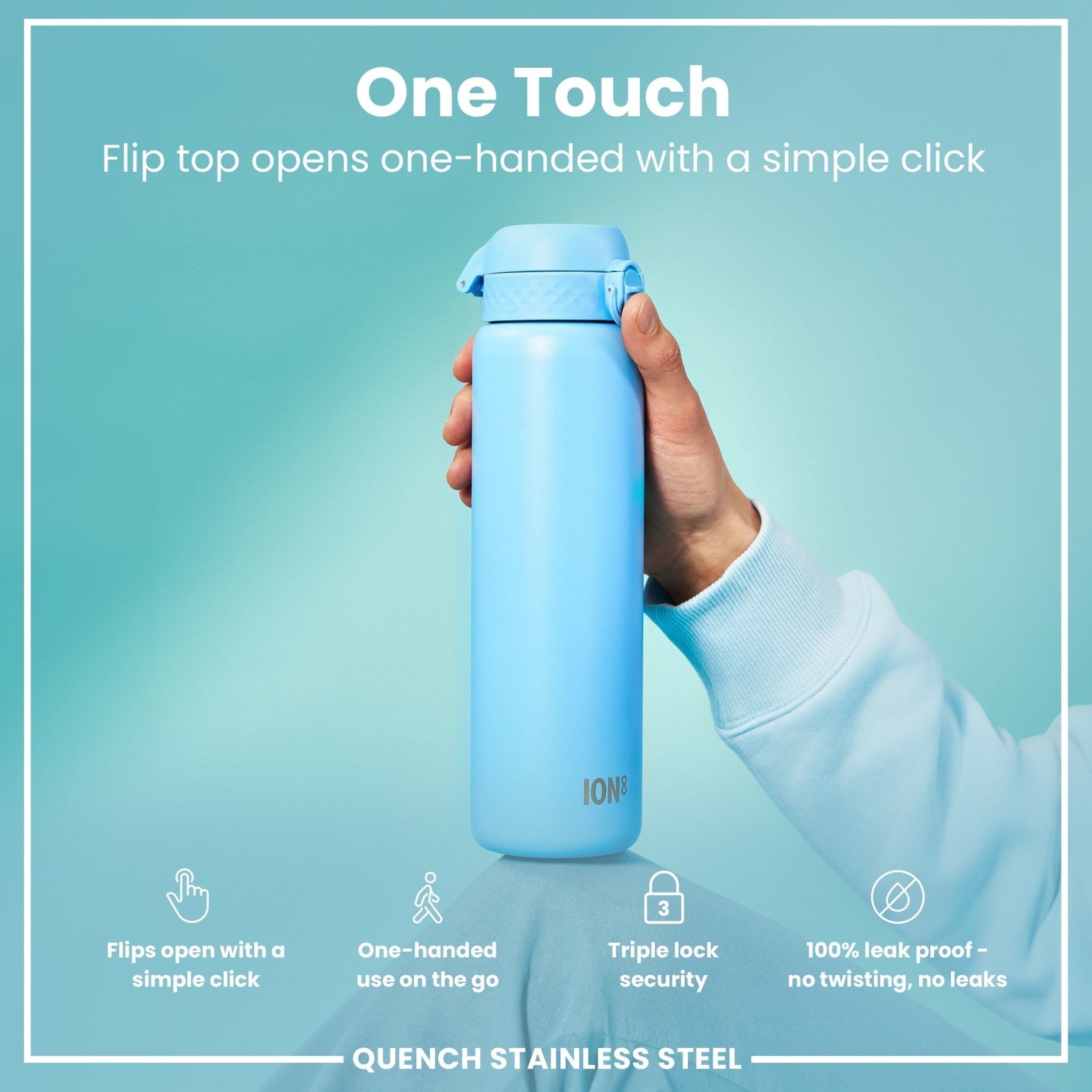 ION8 stainless steel water bottle in Alaskan Blue, 1 liter, leak-proof design, durable and ideal for hydration on the go.