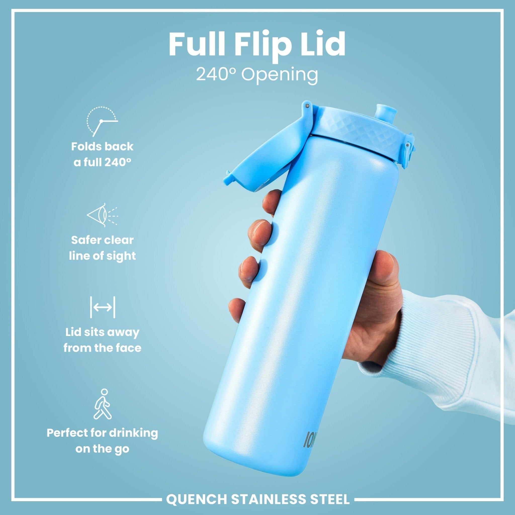 ION8 stainless steel 1-liter water bottle in Alaskan Blue, leak-proof design, durable and ideal for hydration on the go.