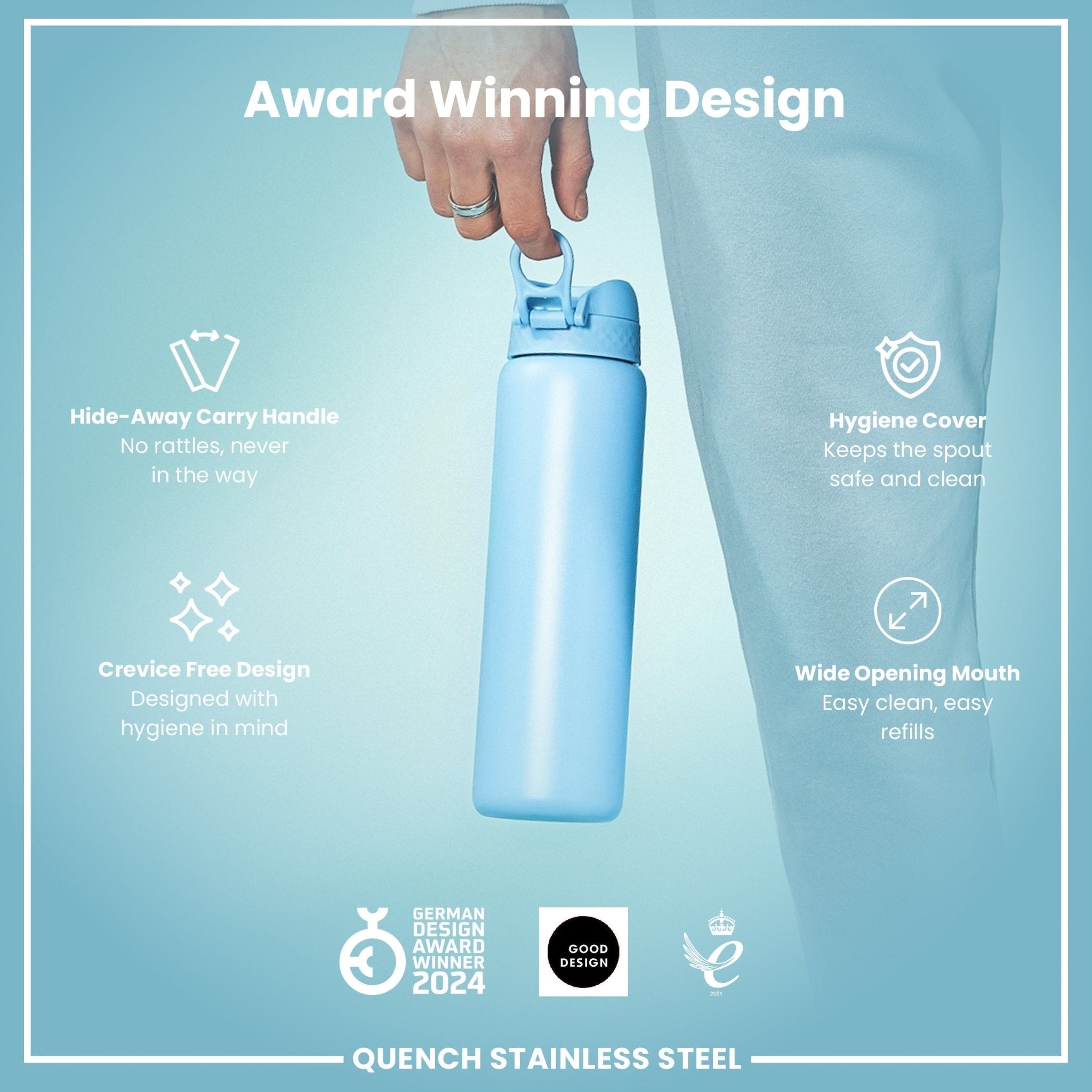 Ion8 stainless steel water bottle in Alaskan Blue, 1 liter, leak-proof design, durable and ideal for daily hydration.