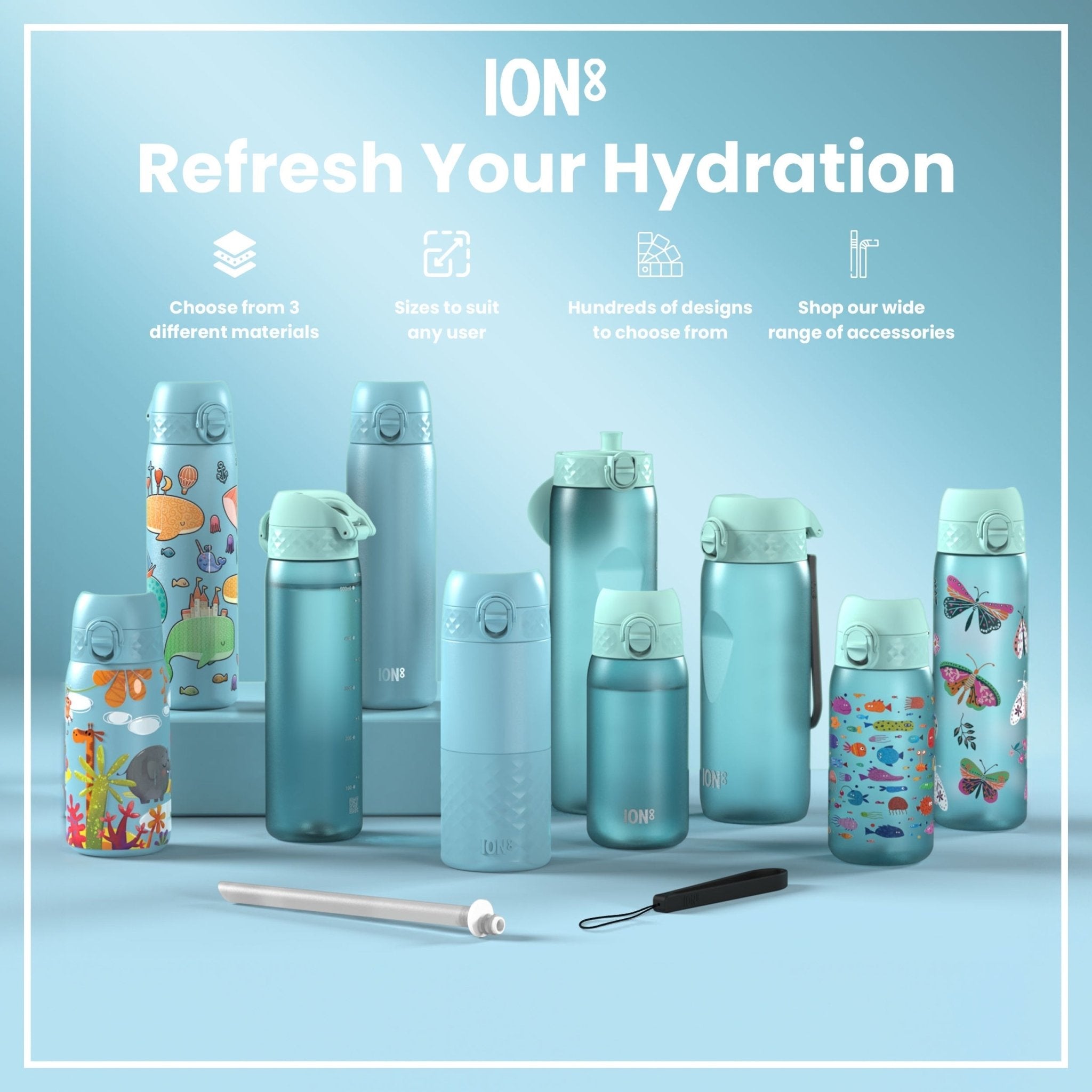 Ion8 stainless steel 1-liter water bottle in Alaskan Blue, leak-proof design, durable and portable for outdoor use