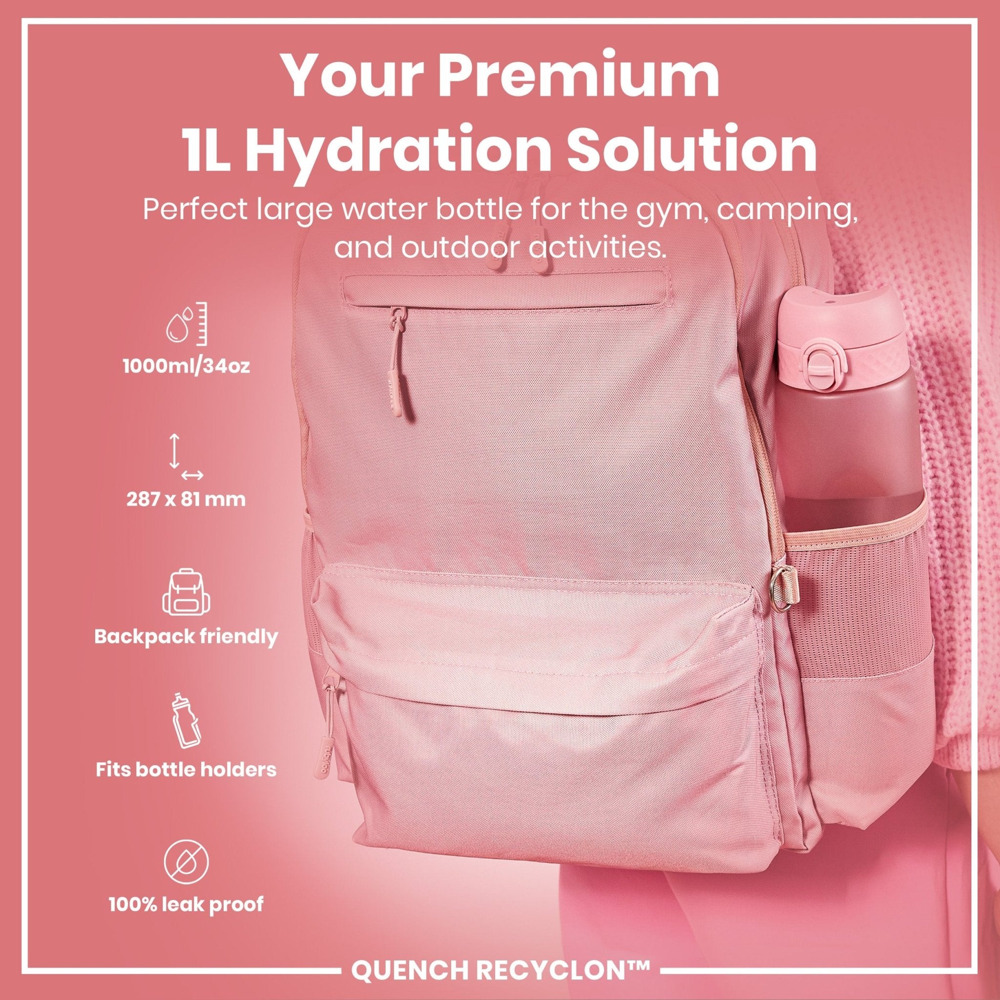 ION8 Leak Proof 1L Recyclon water bottle in Rose Quartz, made of durable, recyclable material for hydration on the go