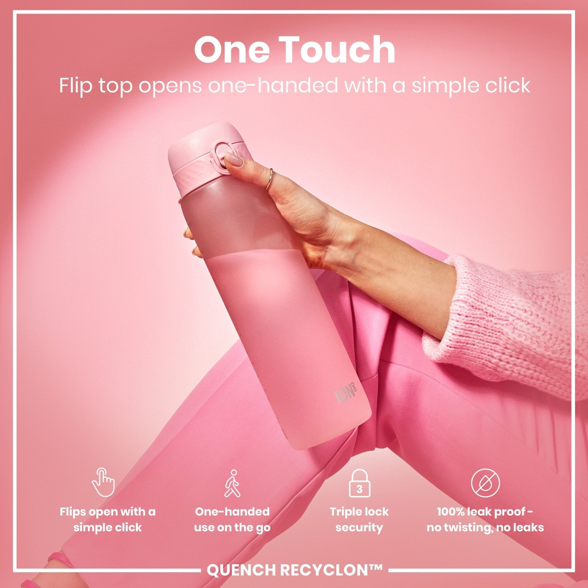 ION8 Recyclon 1L leak-proof water bottle in Rose Quartz with a sleek design and secure lid, ideal for hydration on the go.