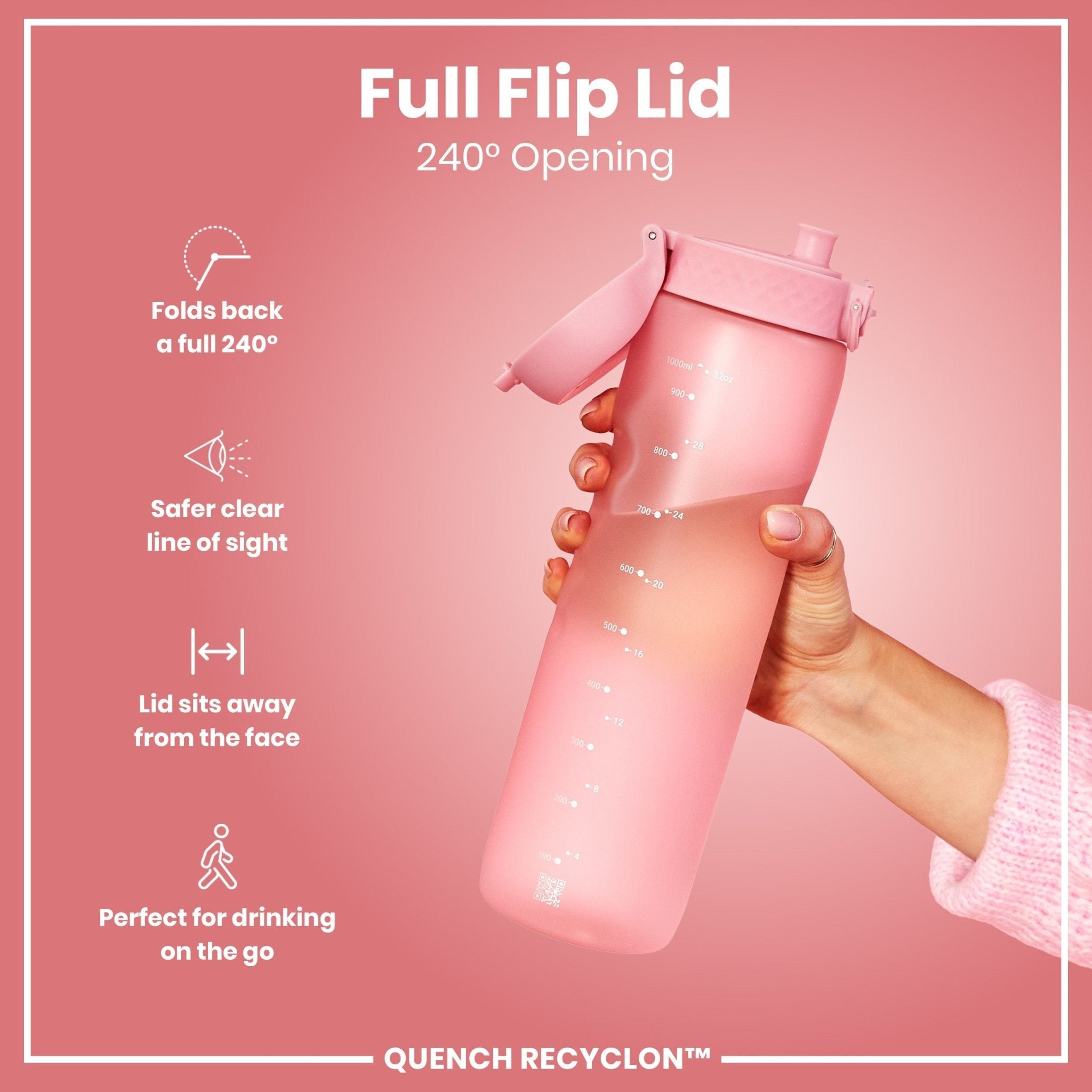 Ion8 Recyclon leak-proof 1L water bottle in rose quartz with a sleek design and secure lid, ideal for hydration on the go.