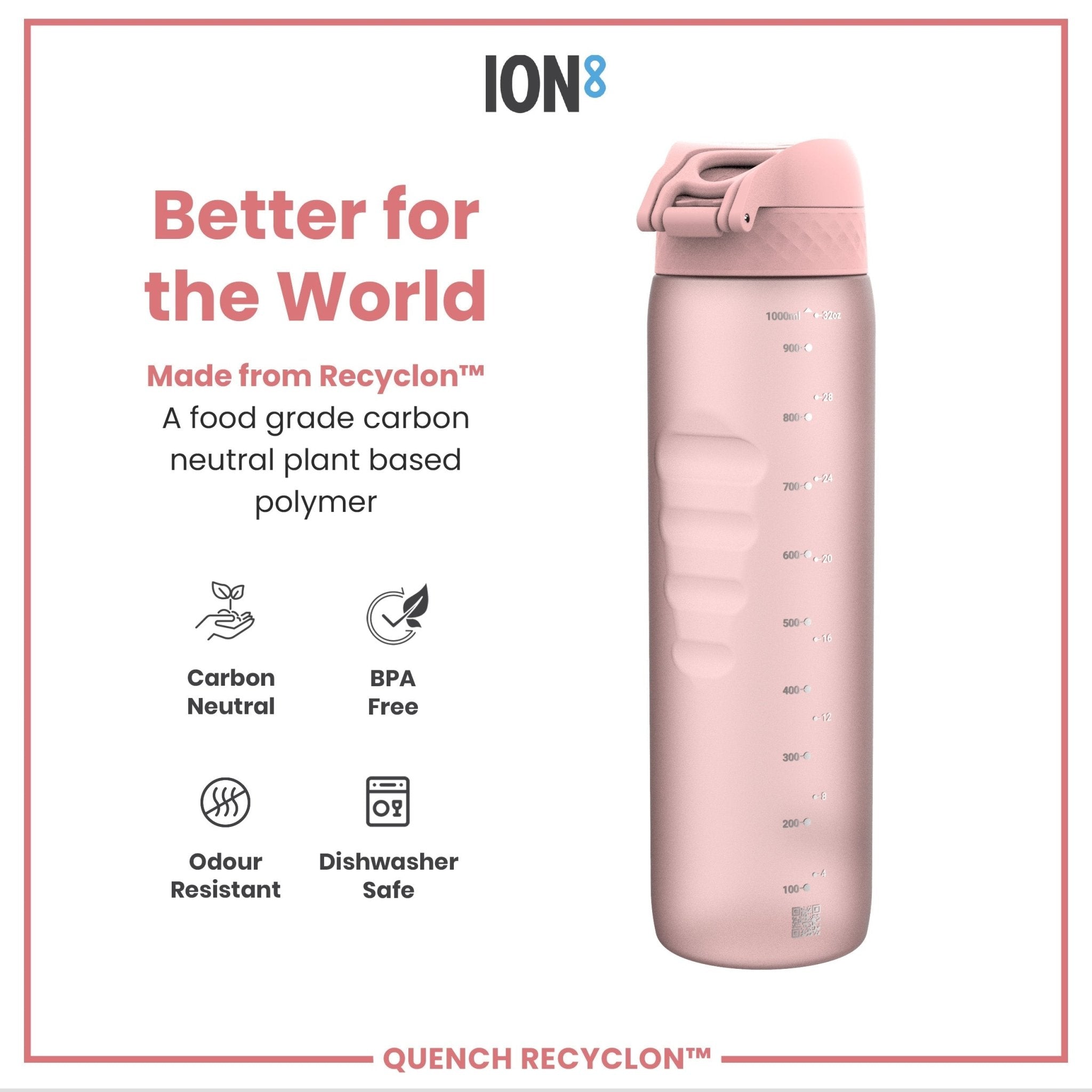 Ion8 Leak Proof 1L water bottle in Rose Quartz color from Recyclon, with a sleek, durable design and secure lid.
