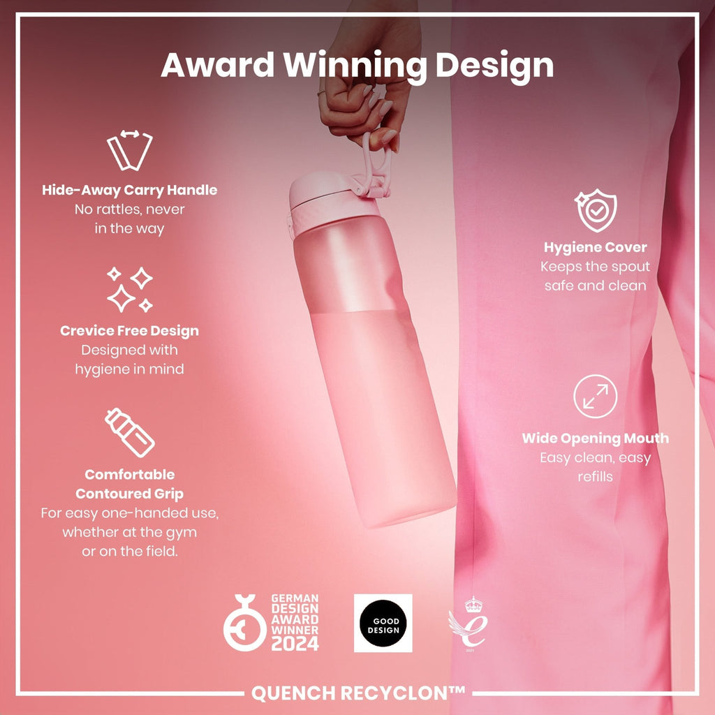 ION8 Recyclon 1L leak-proof water bottle in rose quartz with a sleek design and secure lid, ideal for staying hydrated on the go.