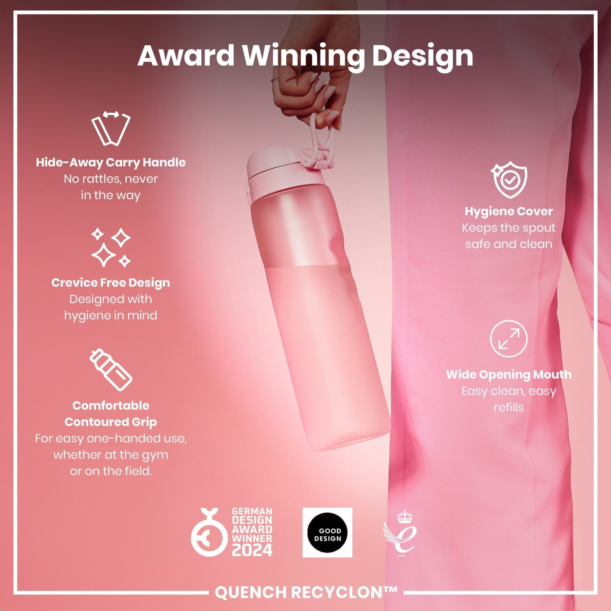 ION8 Recyclon 1L leak-proof water bottle in rose quartz with a sleek design and secure lid, ideal for staying hydrated on the go.