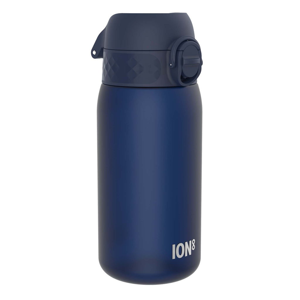 ION8 Recyclon leak-proof kids water bottle in navy, 350ml (12oz), with a spill-proof cap and durable design for children.