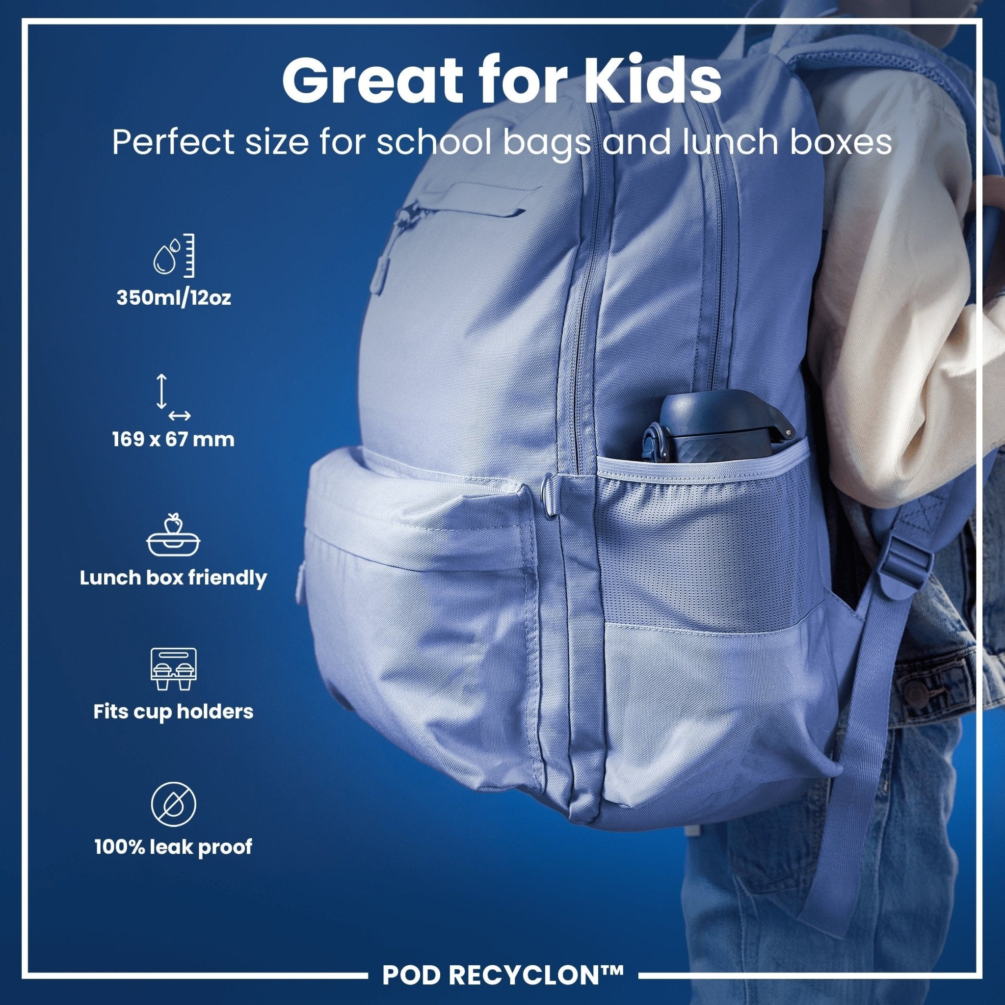 ION8 Recyclon leak-proof kids water bottle in navy, 350ml (12oz), showing the durable plastic bottle with secure lid.