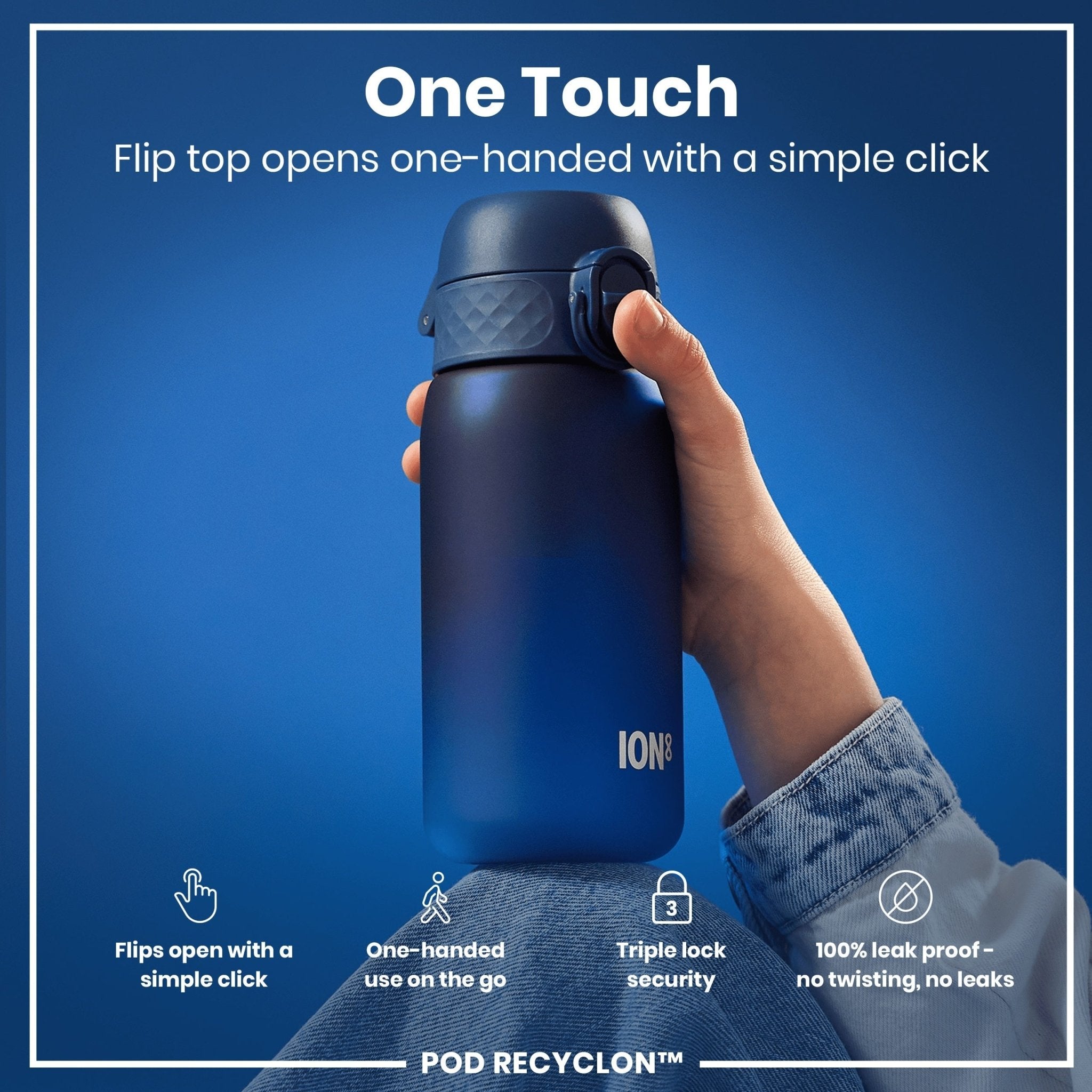 ION8 Recyclon leak-proof kids water bottle in navy, 350ml (12oz), made from recyclable materials, with a secure cap and ergonomic design.