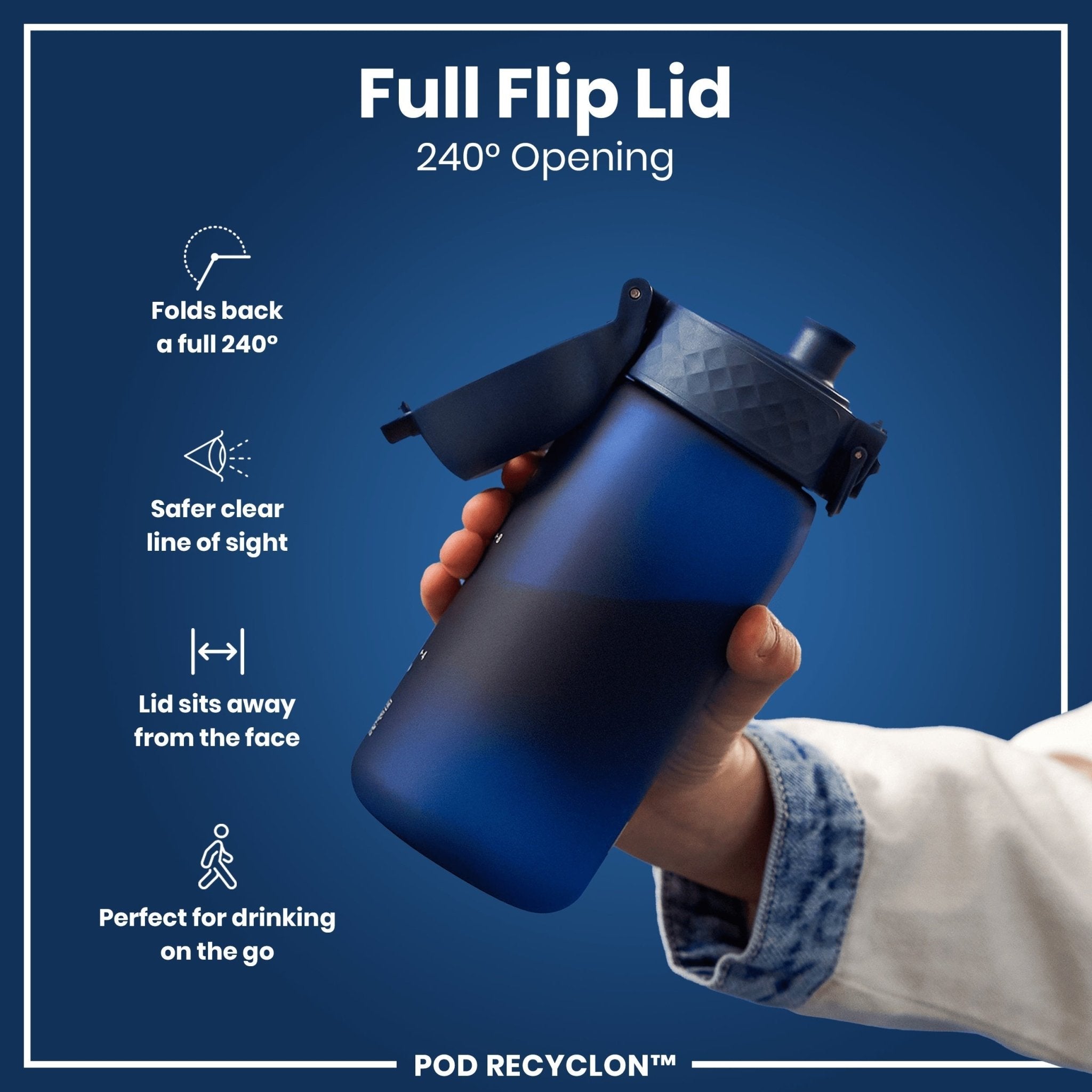 Recyclon Leak Proof Kids Water Bottle by ION8 in navy, 350ml (12oz), with a secure lid and vibrant color for active children.
