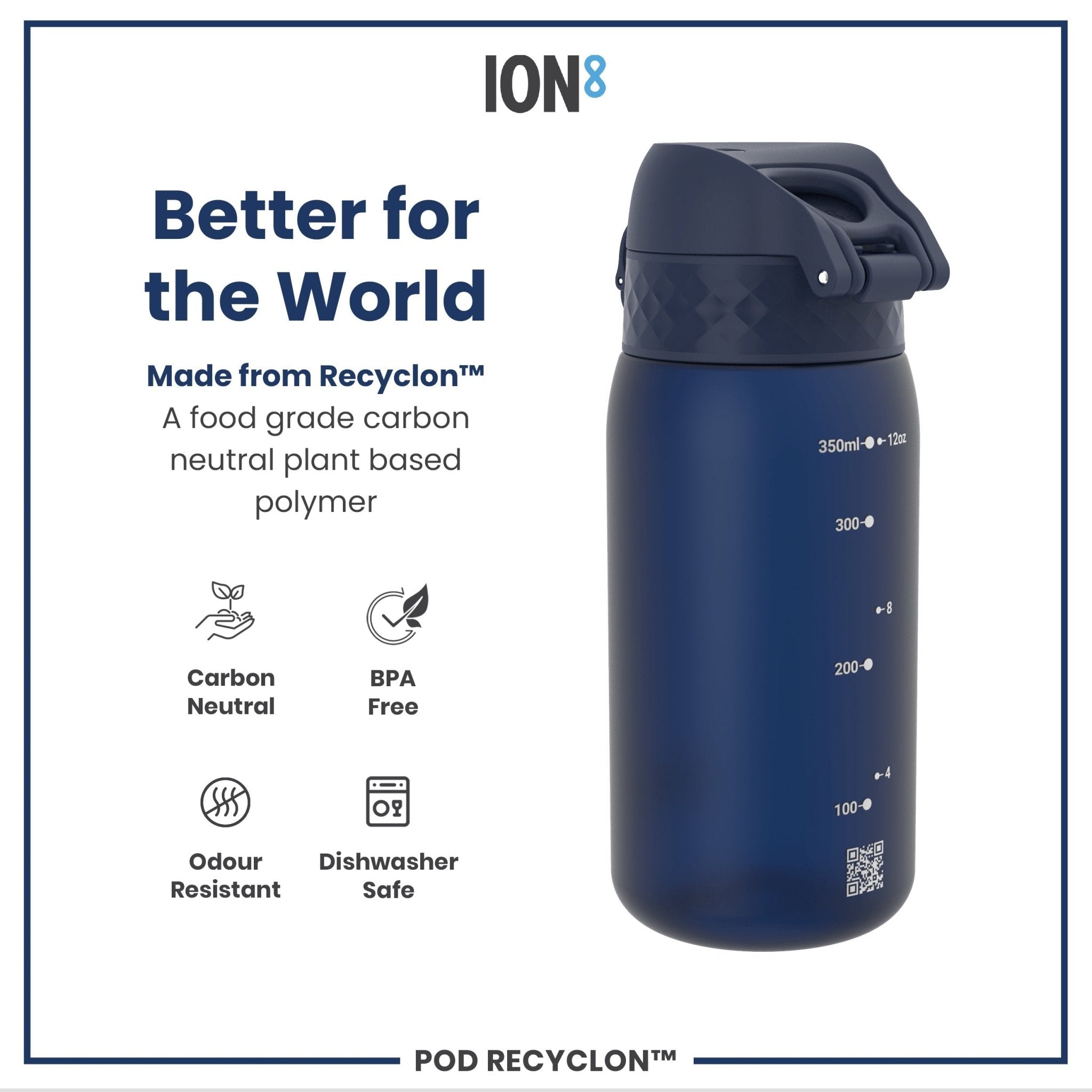 Ion8 Recyclon leak-proof kids water bottle in navy, 350ml (12oz), durable and reusable with secure lid for children.