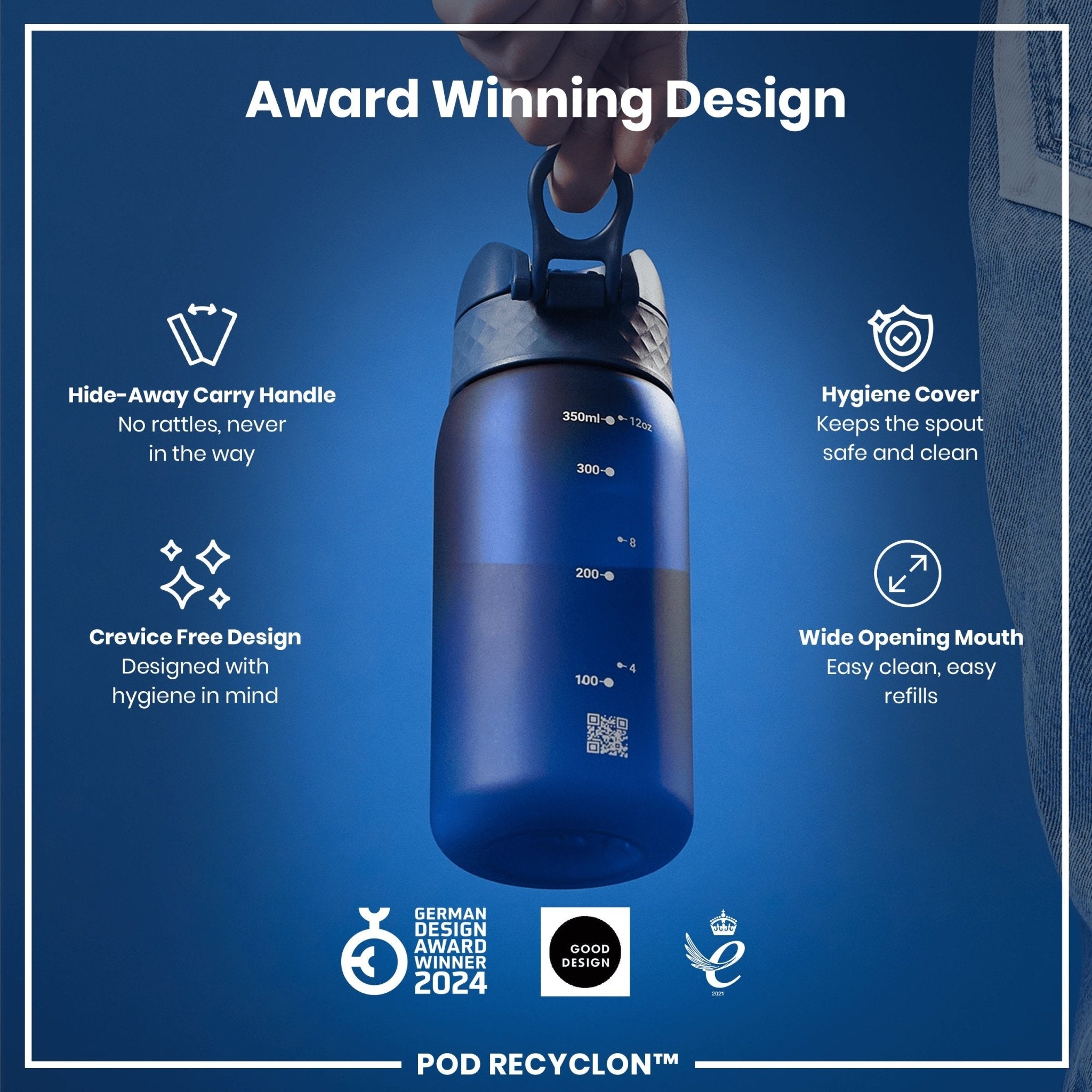 Ion8 Leak Proof Kids Water Bottle in navy, 350ml, made from recyclable materials with a secure lid and durable design
