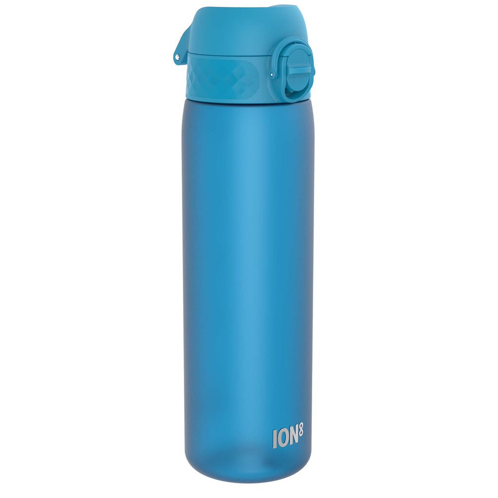 Blue Recyclon Leak Proof Slim Water Bottle by ION8, 500ml (18oz), showing the sleek design and secure leak-proof cap.
