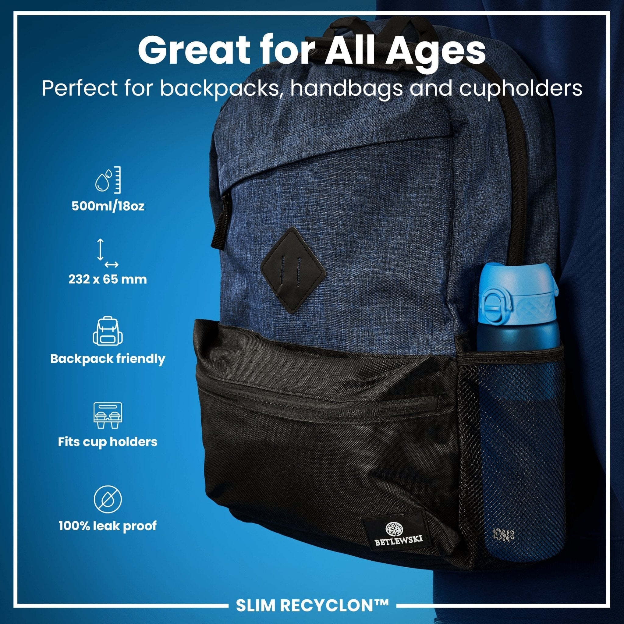 Blue 500ml Recyclon Leak Proof Slim Water Bottle by ION8, showing a sleek design and secure lid.