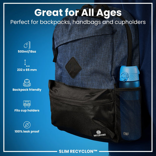 Blue 500ml Recyclon Leak Proof Slim Water Bottle by ION8, showing a sleek design and secure lid.