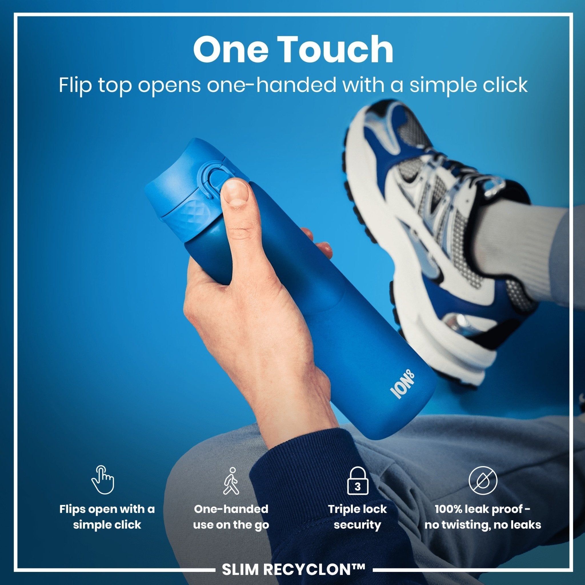 Blue Recyclon Leak Proof Slim Water Bottle by ION8, 500ml (18oz), with a sleek design and secure lid for on-the-go hydration.
