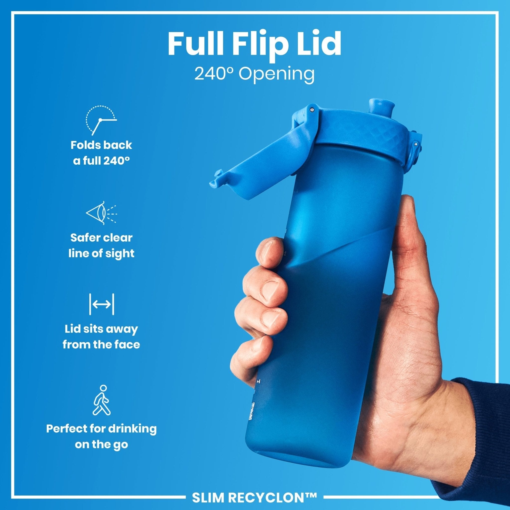 Blue Recyclon leak-proof slim water bottle by ION8, 500ml capacity, compact design, made for easy hydration on the go.