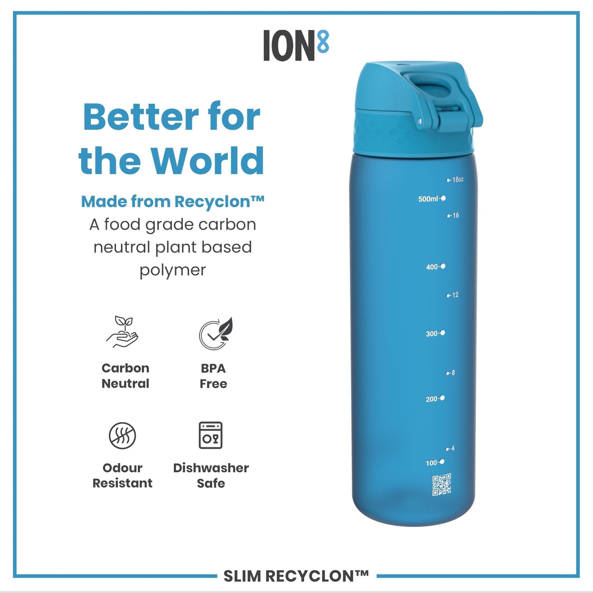 Blue ION8 Recyclon Leak Proof Slim Water Bottle, 500ml (18oz), made of recyclable materials, shown with a secure lid.