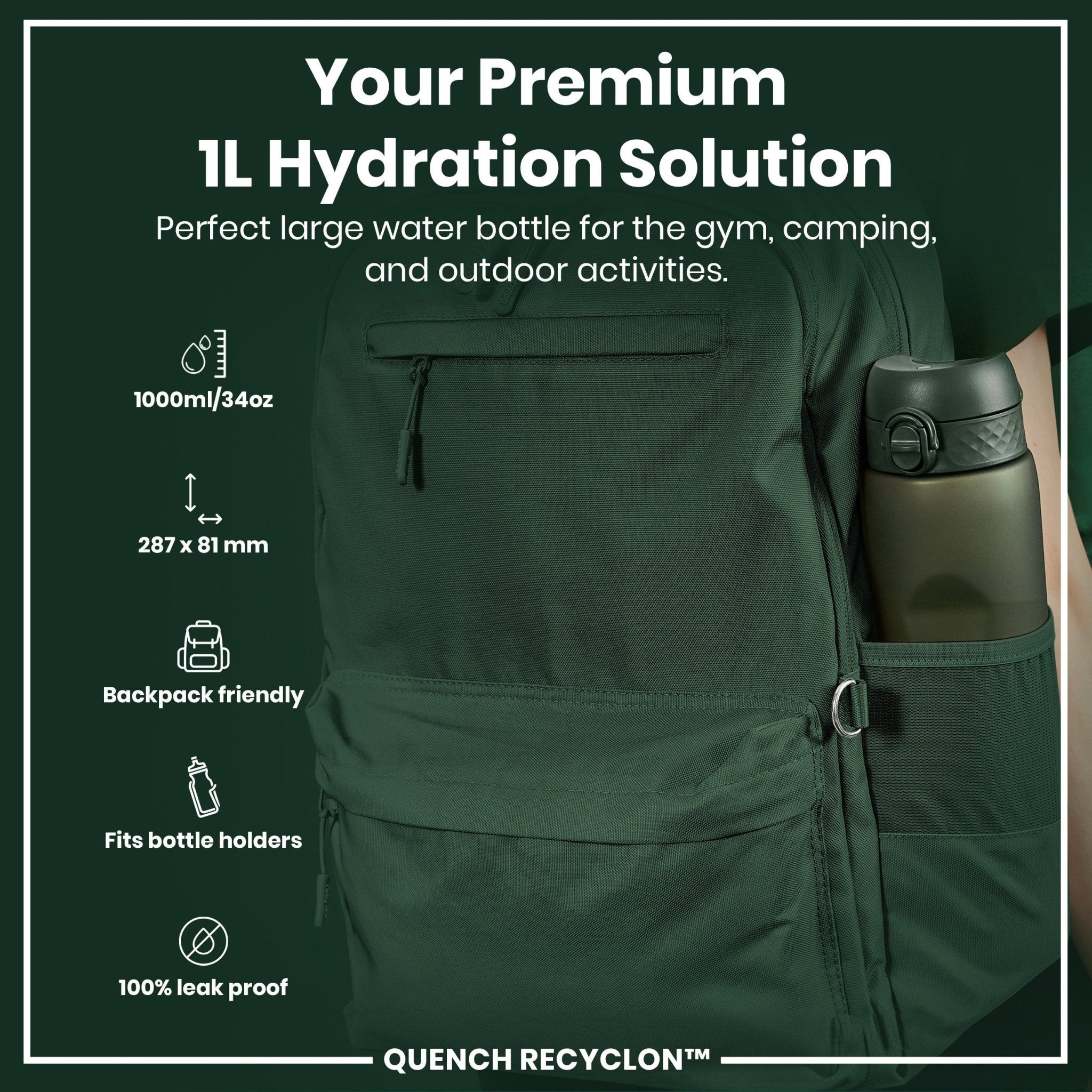Dark green Ion8 Recyclon 1-liter water bottle with leak-proof design, made from recyclable materials.