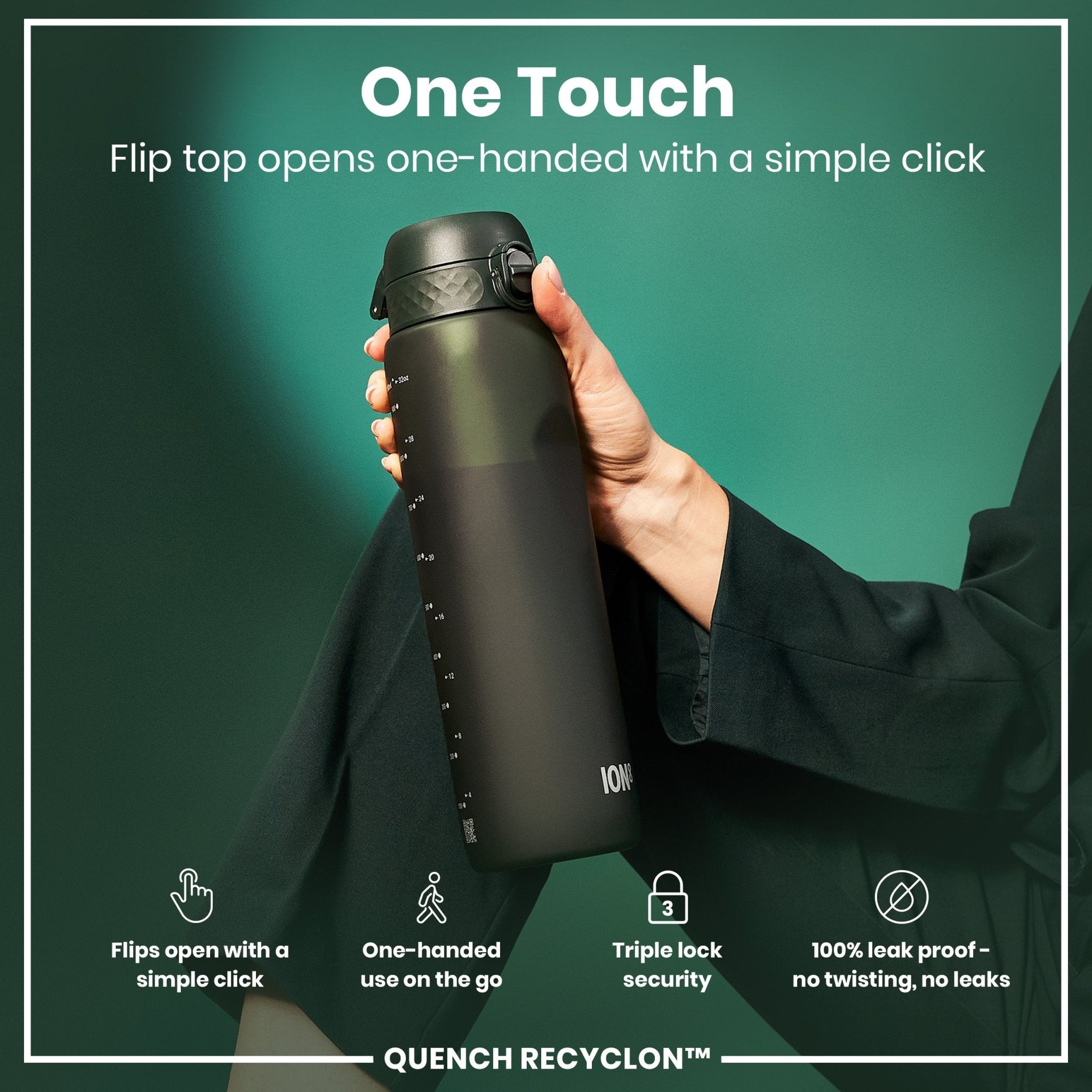 Dark green ION8 Recyclon 1-liter water bottle with leak-proof design, made from recyclable materials, shown with a secure lid.