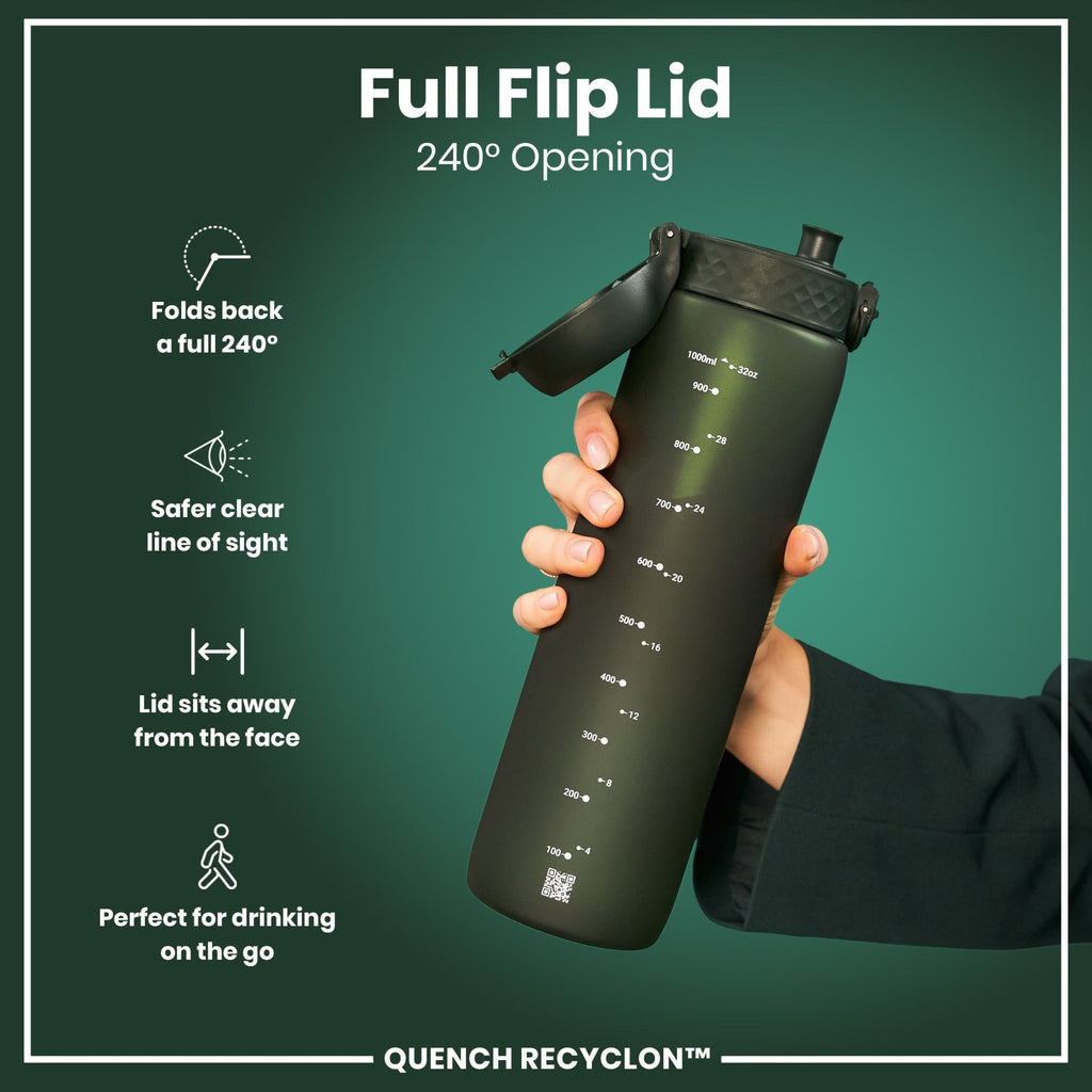 Dark green ION8 Recyclon 1-liter water bottle with leak-proof design, made from recyclable materials, suitable for hydration on the go.