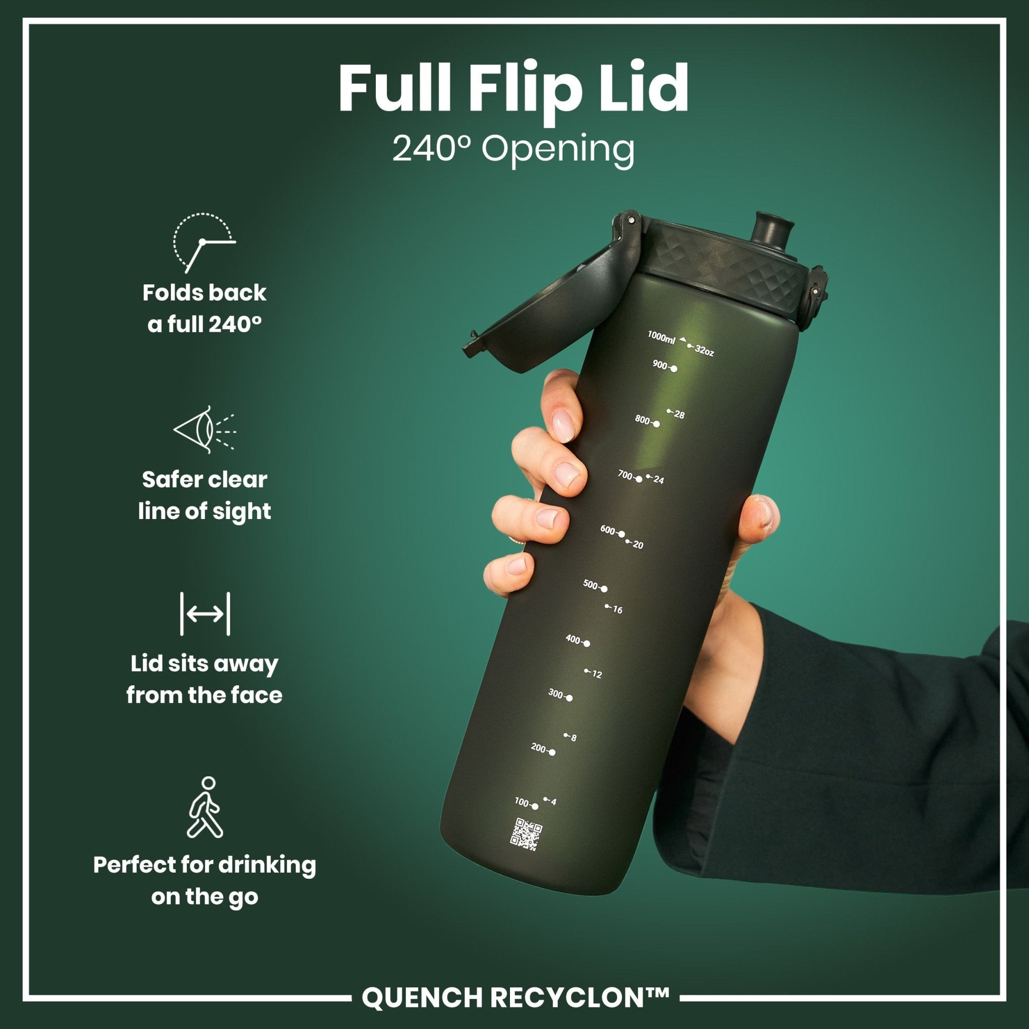Dark green ION8 Recyclon 1-liter water bottle with leak-proof design, made from recyclable materials, suitable for hydration on the go.