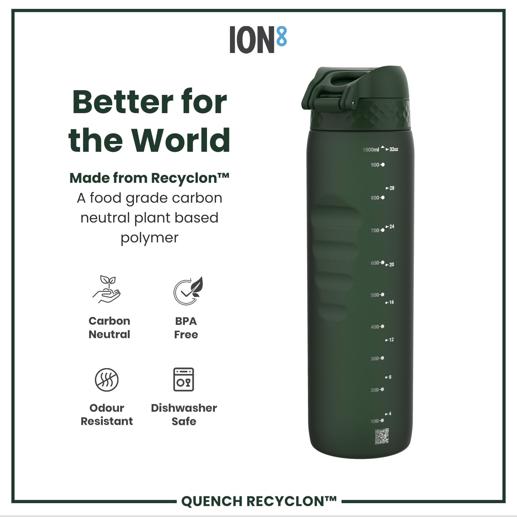 Ion8 Recyclon leak-proof 1L water bottle in dark green, made for durable hydration and eco-friendly use.