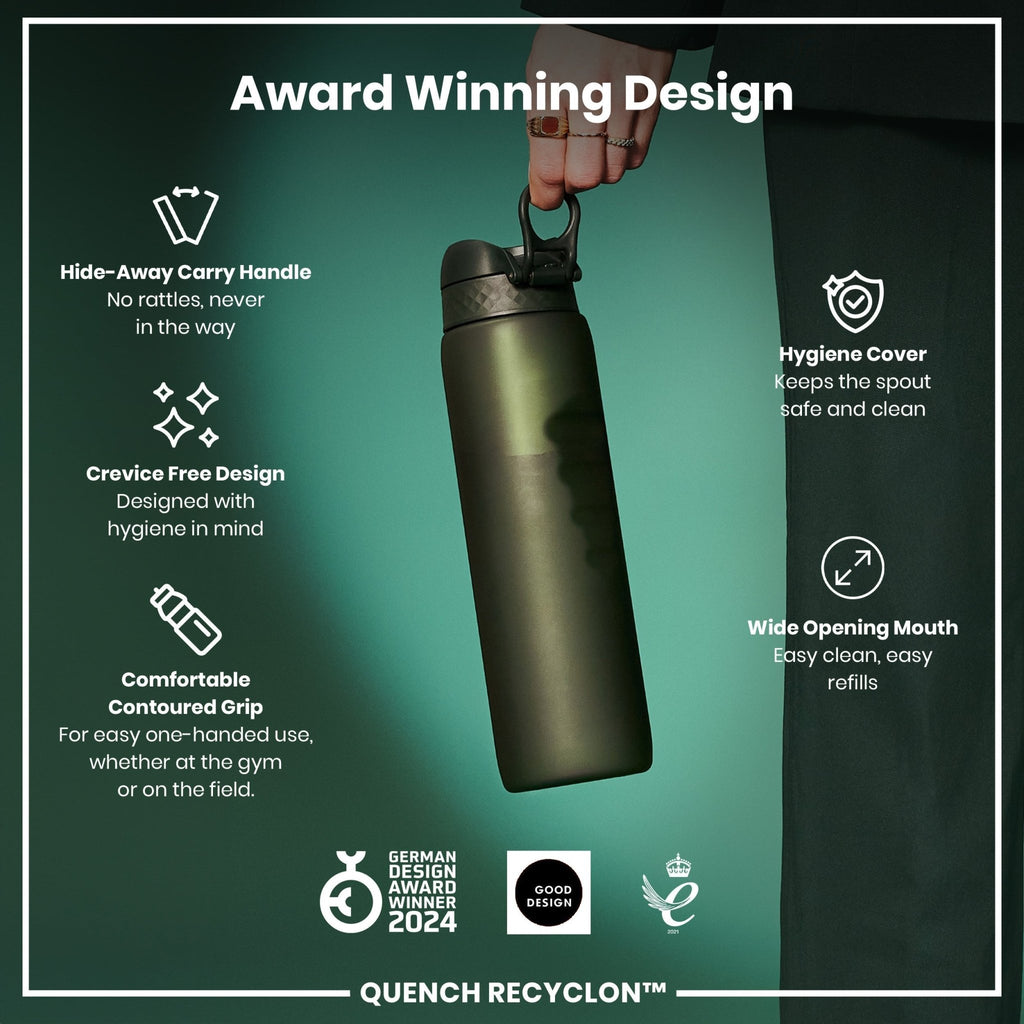 Dark green ION8 Recyclon leak-proof 1-liter water bottle with secure lid, made from recyclable materials.
